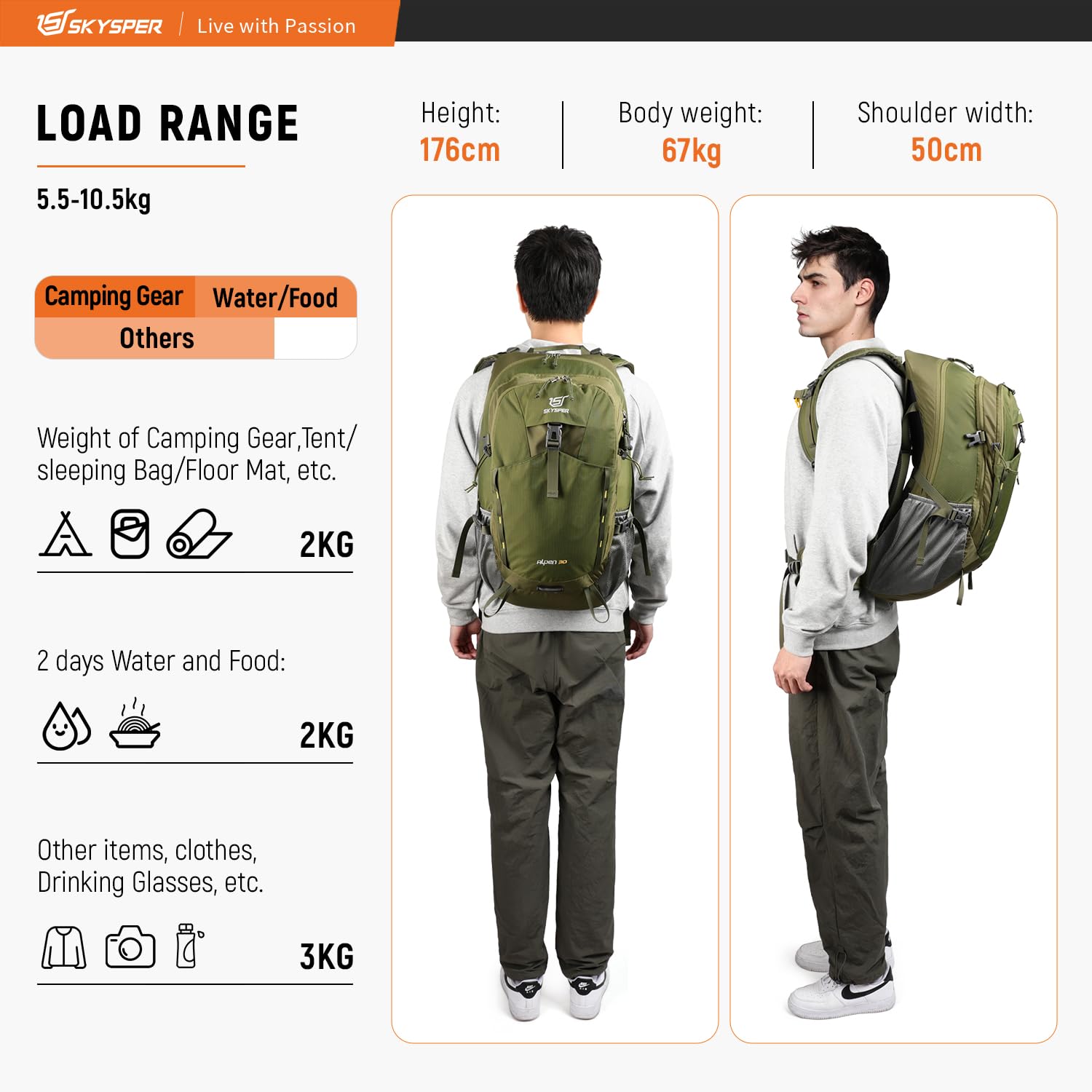 SKYSPER Zaino da Hiking Professionale 30L, Zaino da Trekking Impermeabile con Copri Pioggia Zaino con Ventilazione Posteriore per Escursioni Viaggi Campeggio