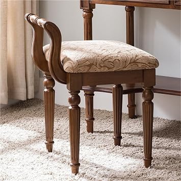 Vintage Vanity Bench Seat, Upholstered Makeup Chair with Low Back, Square Fabric Piano Stool with Carved Wood Legs, Comfy Accent Chair for Bedroom, Dressing Table, Living RoomBrown