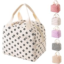 Lunch Bag, Insulated Tote Bag for Women,Corduroy Insulated Lunch Box Cooler Bag Water-Resistant Lunch Organizer for Kids and Students Travel Picnic School Off White Small Flower