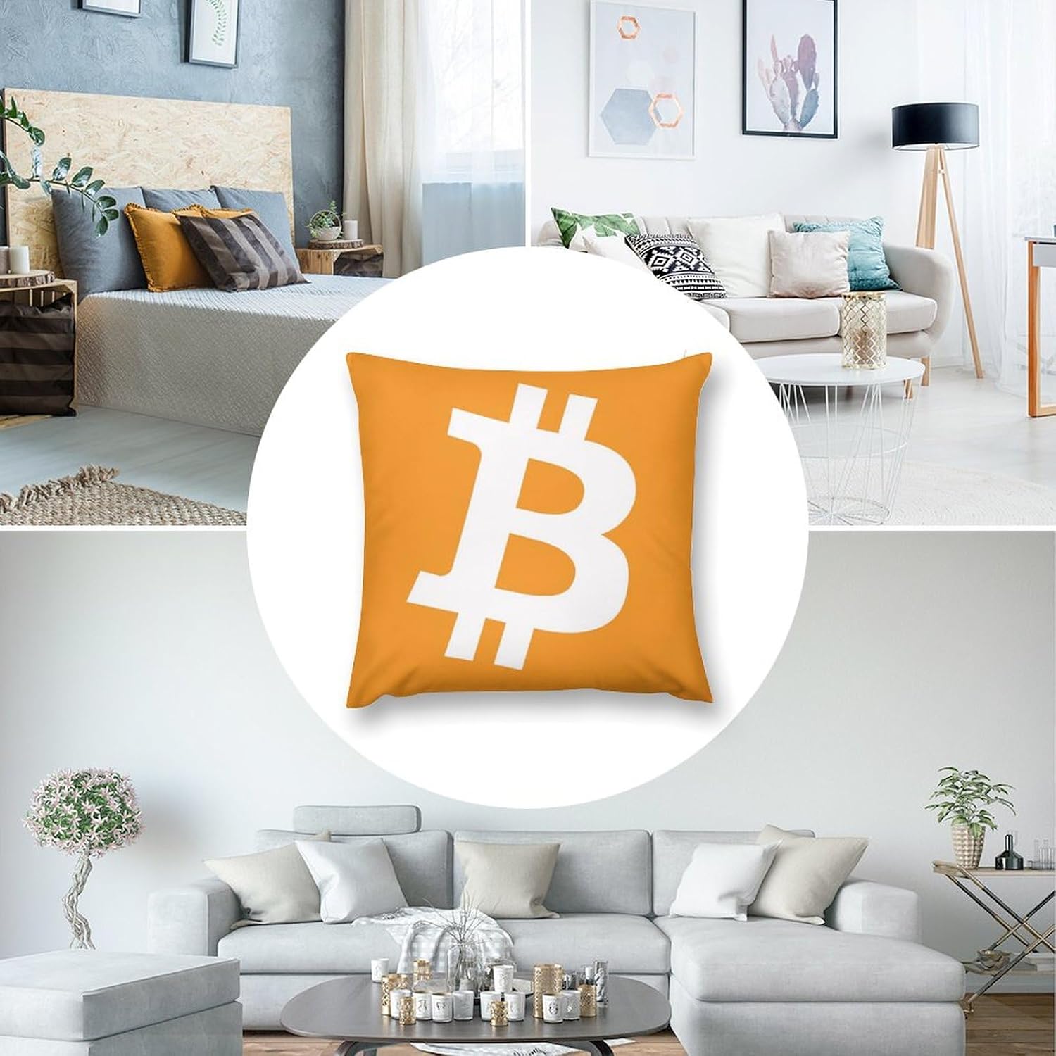 Bitcoin Decorative Throw Pillow, 18x18 Inch Complete Set with Insert, Orange Holland Velvet Cover, Hidden Zipper, Cryptocurrency Theme
