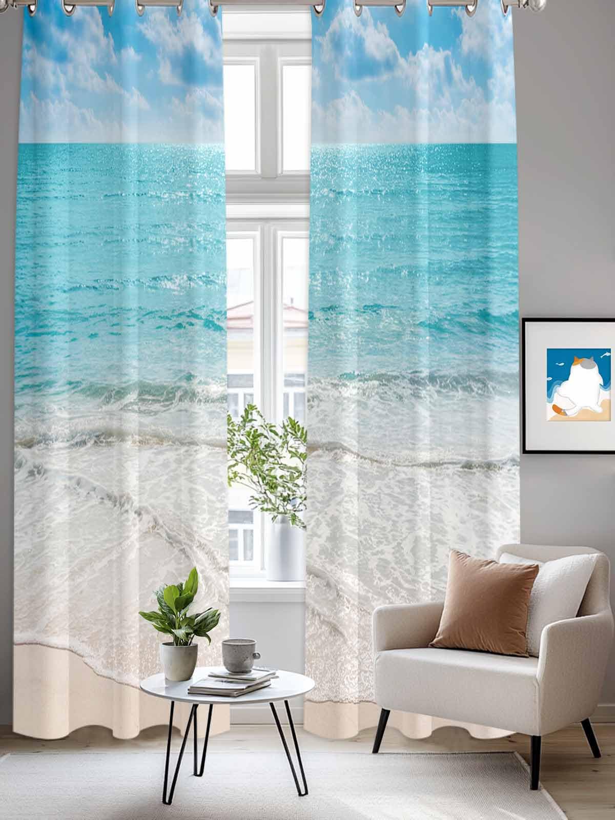 T&H XHome Tropical Curtains, Exotic Beach with Vivid Sky Ocean Island Scenery Window Curtain, 2 Panel Curtains for Sliding Glass Door Bedroom Living Room, 80
