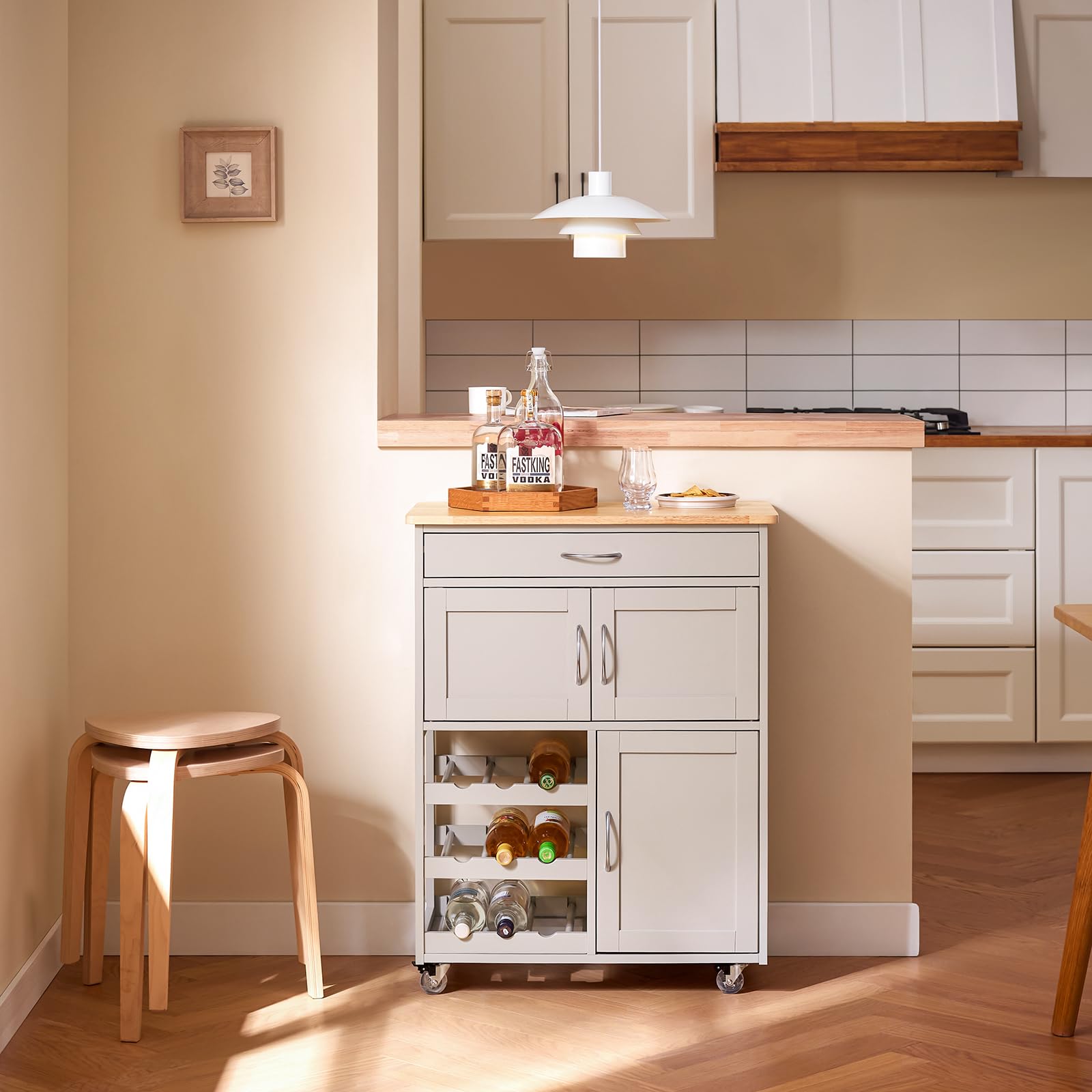 SoBuy Carrello Cucina con Ruote, Mobile Cucina Salvaspazio con Ruote, Mobiletto Cucina con Cassetti e Portabottiglie, Mobiletto Credenza Cucina per Cucina o Sala da Pranzo, Cachi 67x38x86cm FKW45-KA