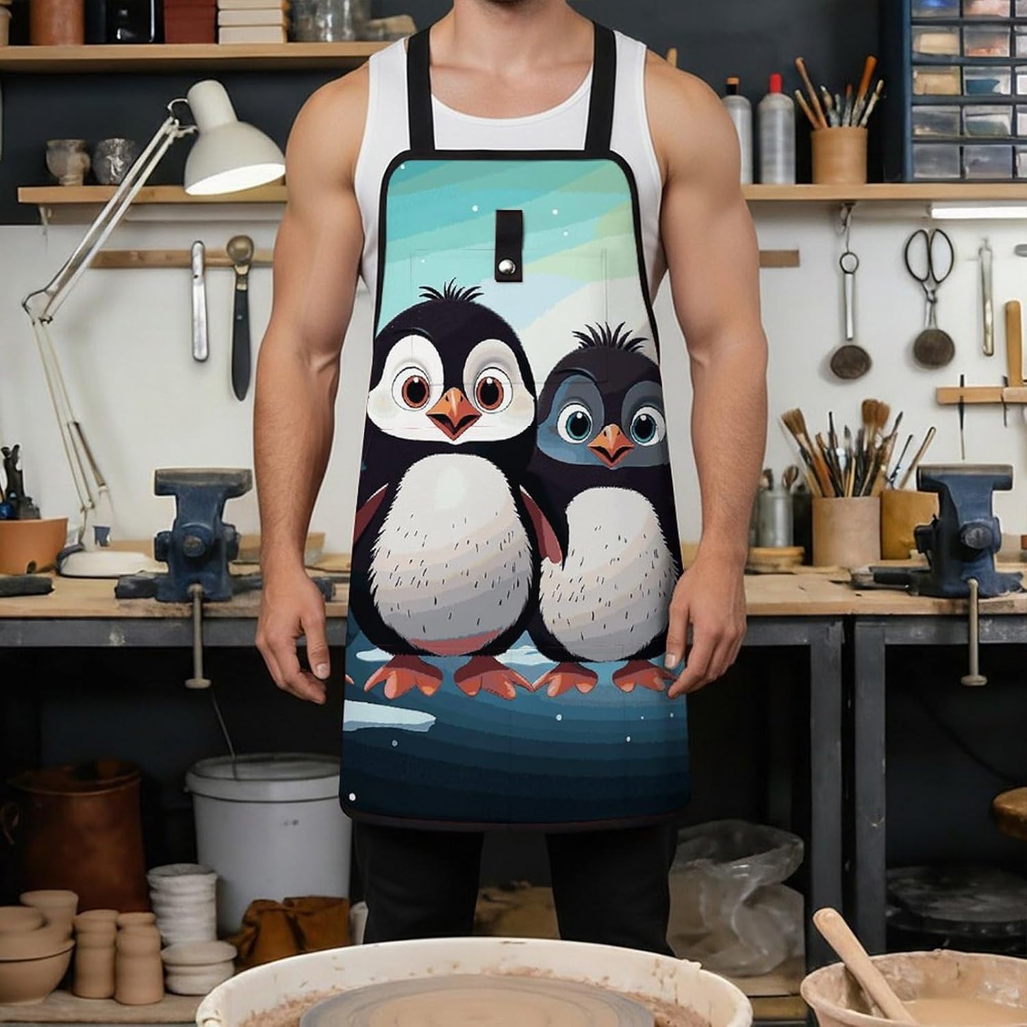 Five Cute Penguins Tool Apron for Men Women Fully-Adjustable Work Apron with 8 Tool Pockets Heavy Duty Workshop Bib Aprons for Carpenter Woodworker Blacksmith Welder Cobbler Butcher image 4