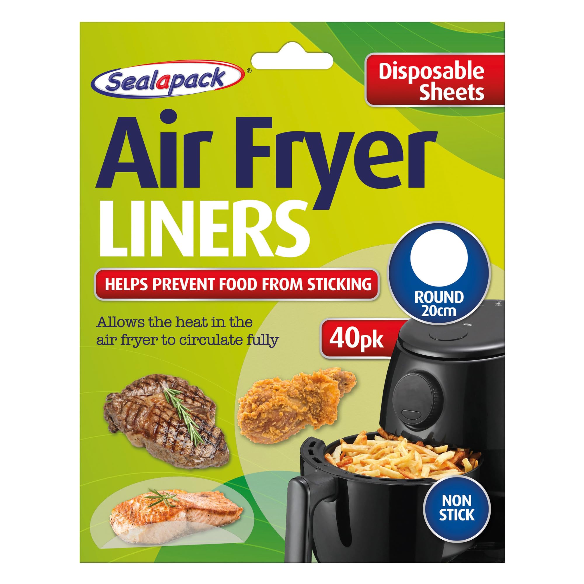 Sealapack Air Fryer Liners, Round 20cm, 40 Sheets - Non Stick, Disposable