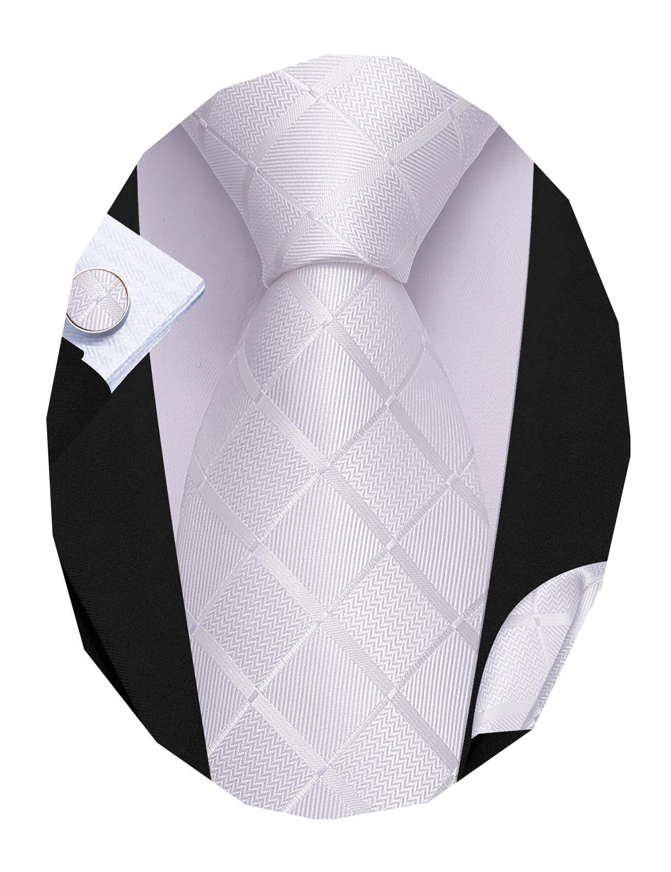 Barry.Wang Plaid Ties Check Mens Necktie Set with Handkerchief Cufflinks Classic Stripe, White Solid