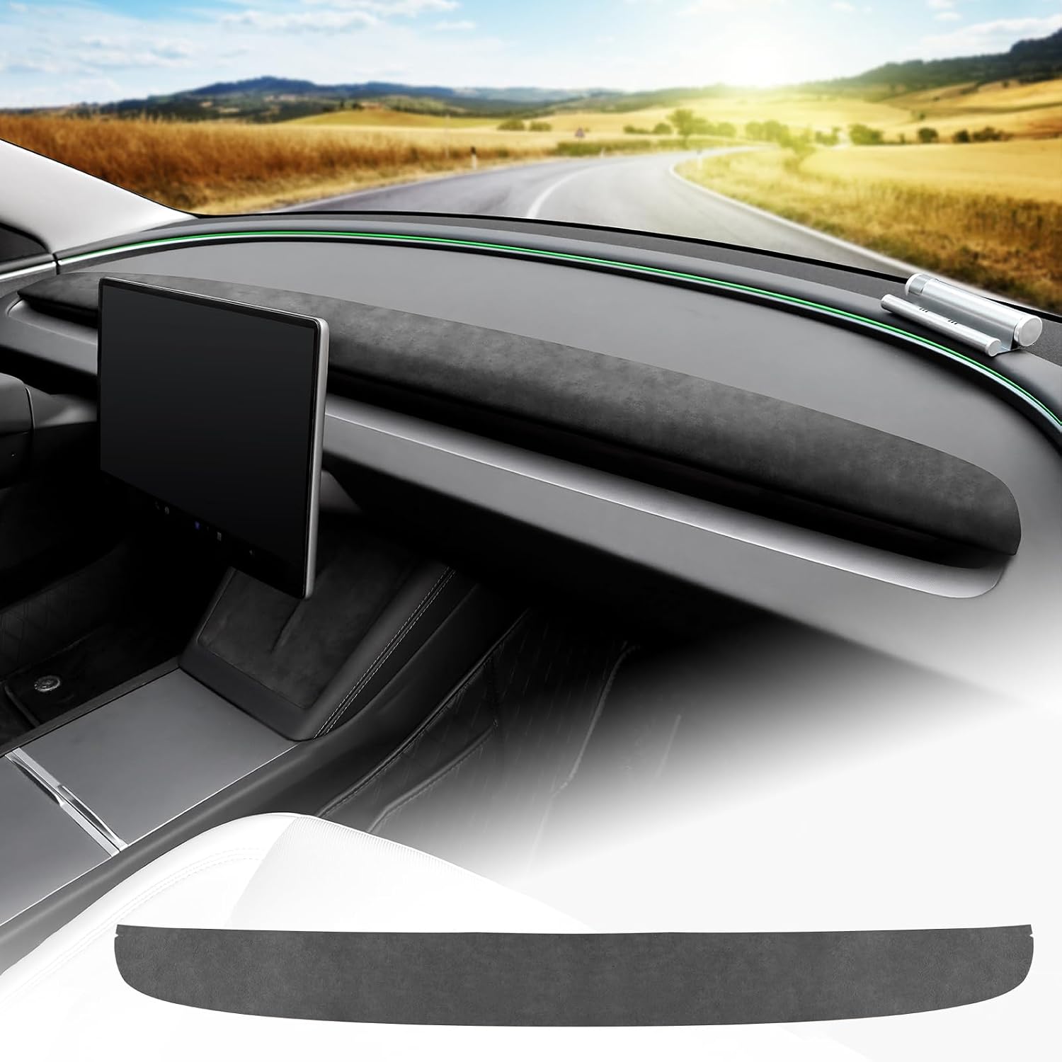 for Tesla Model 3 2024 Interior Moulding Trim Stickers Suede Dashboard Cover Trim Strip Interior Exterior Decorative Accessories with Scraper (Black)
