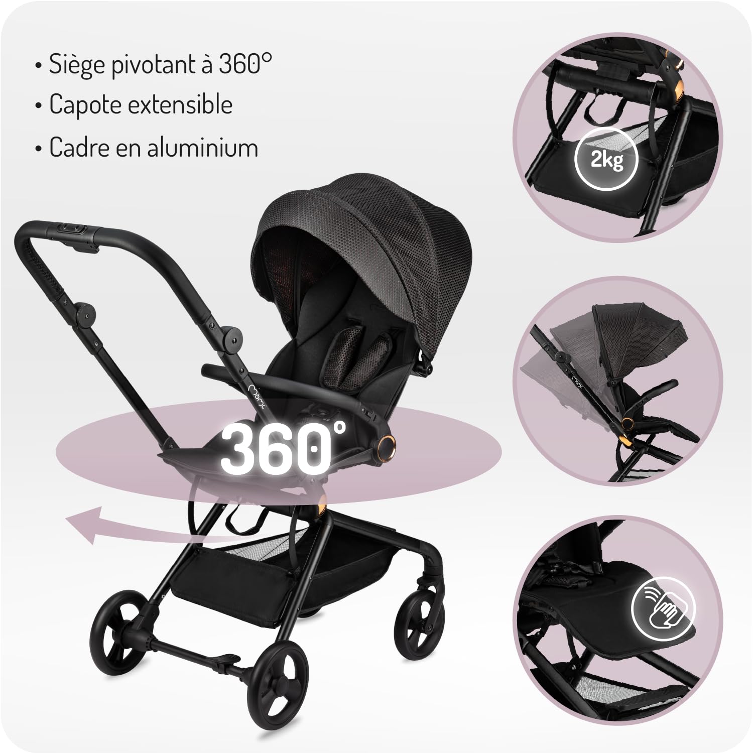 MoMi ADELLE Poussette Bébé Légère et Compacte dès 6 Mois Jusqu’à 22 kg, Siège Pivotant 360°, Dossier 3 Positions, Harnais 5 Points, Capote Extensible, Roues EVA