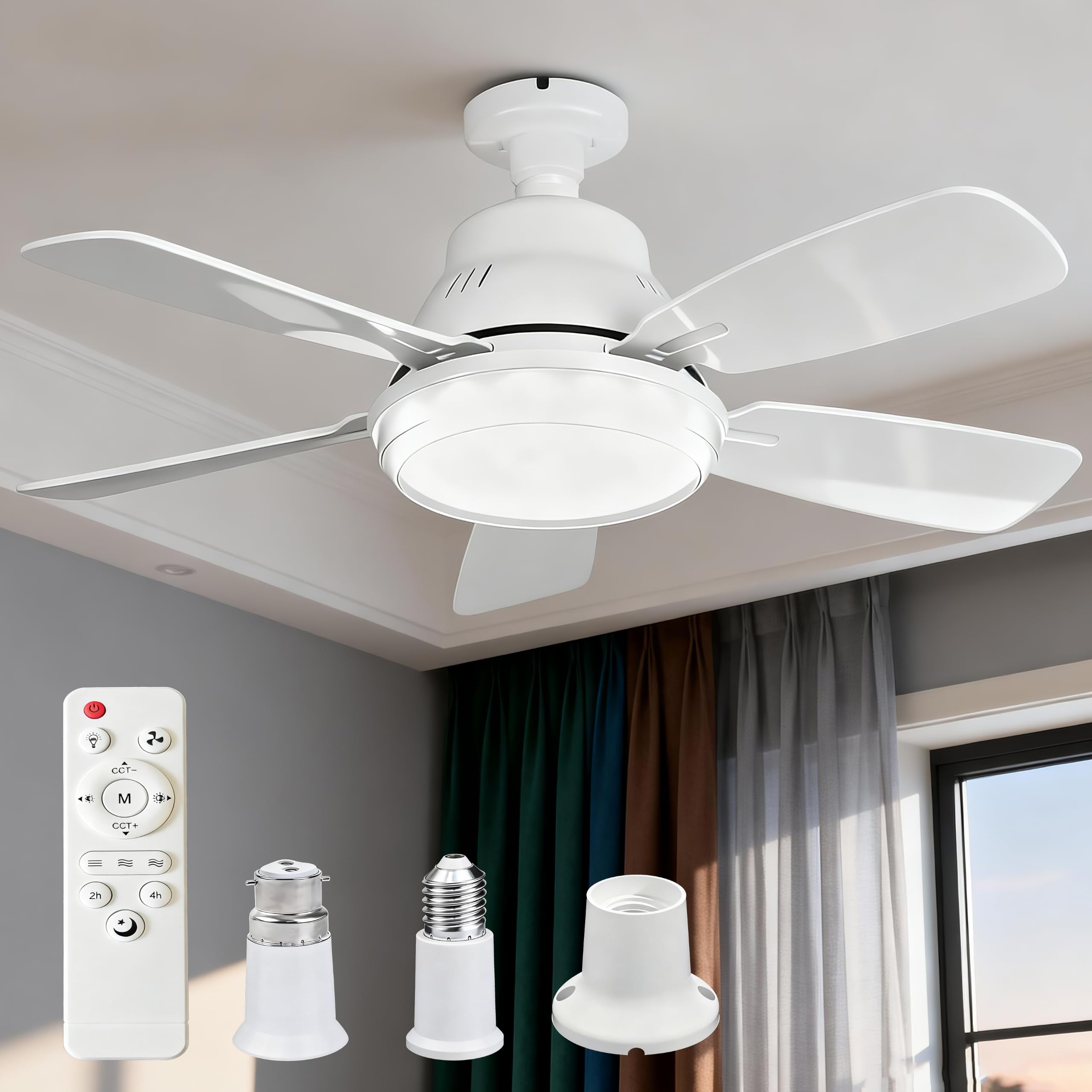 62cm Socket Ceiling Fan Light, E27/B22 Ceiling Fans with Lights and Remote, Extender & Mounting Base, 43W Light Bulb Fan 3 Speed 3 Colour Dimmable, Quiet LED Fan Light For Bedroom, Kitchen,Bathroom