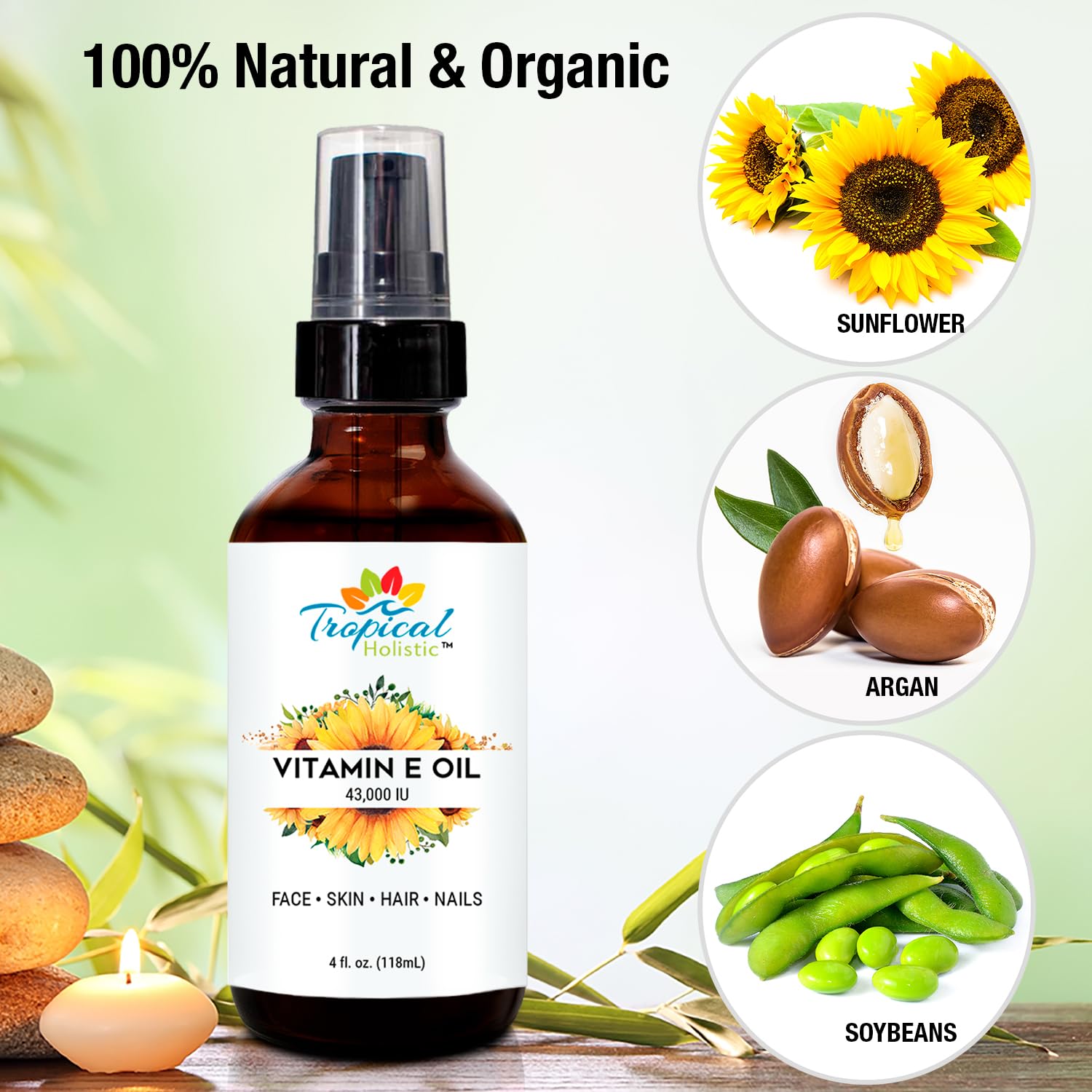 Tropical Holistic Pure Organic Vitamin E Oil 4 fl oz - 43,000 IU, 100% Plant Based Natural Moisturizer for Skin, Scars, Nails, Acne, Hair Growth, Wrinkles, Dark Spots