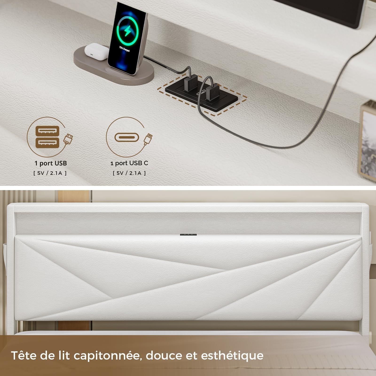 KIMENICH Lit 140x190 avec Sommier, Lit Double avec LED Réglable et Multiprise, Étagères Ouvertes et Rangement sous Sommier, Cadre de Lits 140x190 Capitonné, PU Blanc