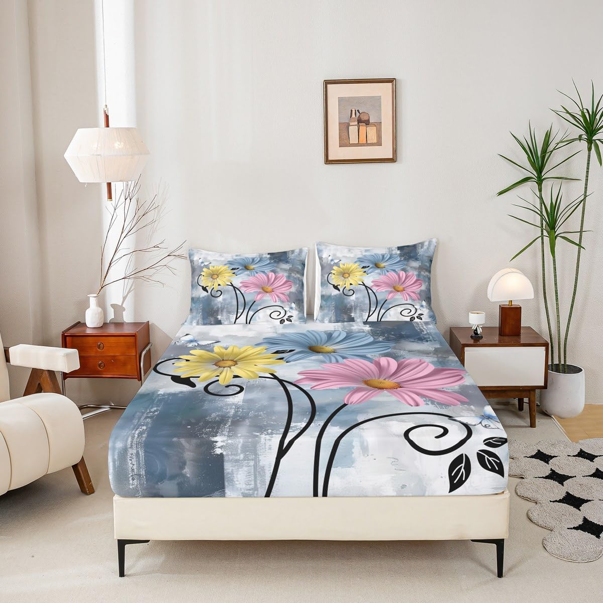 Rustic Flower Fitted Sheet Farmhouse Country Floral Bed Sheets for Blue Daisy Flowers and Butterfly Sheets for Room Decor,Wooden Teal Turquoise Bed Set Pink Yellow Grey Bedding Set,Queen