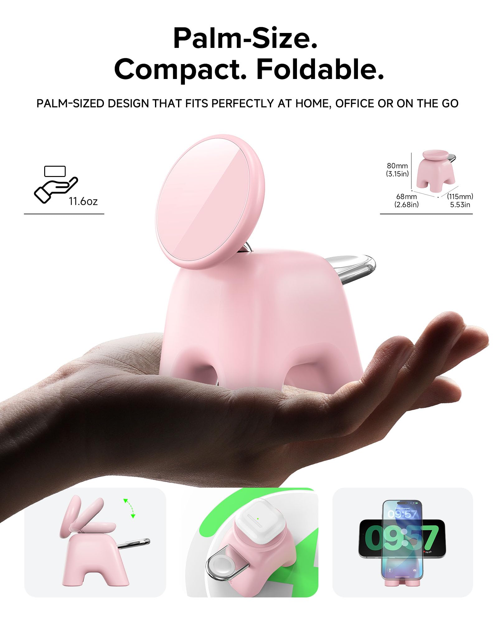 AOK-AOK Faltbare kabellose Ladestation, 15 W Schnellladestation für iPhone 17, 16, 15, 14, 13, 12 Pro Max, Apple Watch und Airpods, 2-in-1-Ladegerät für Zuhause/Büro