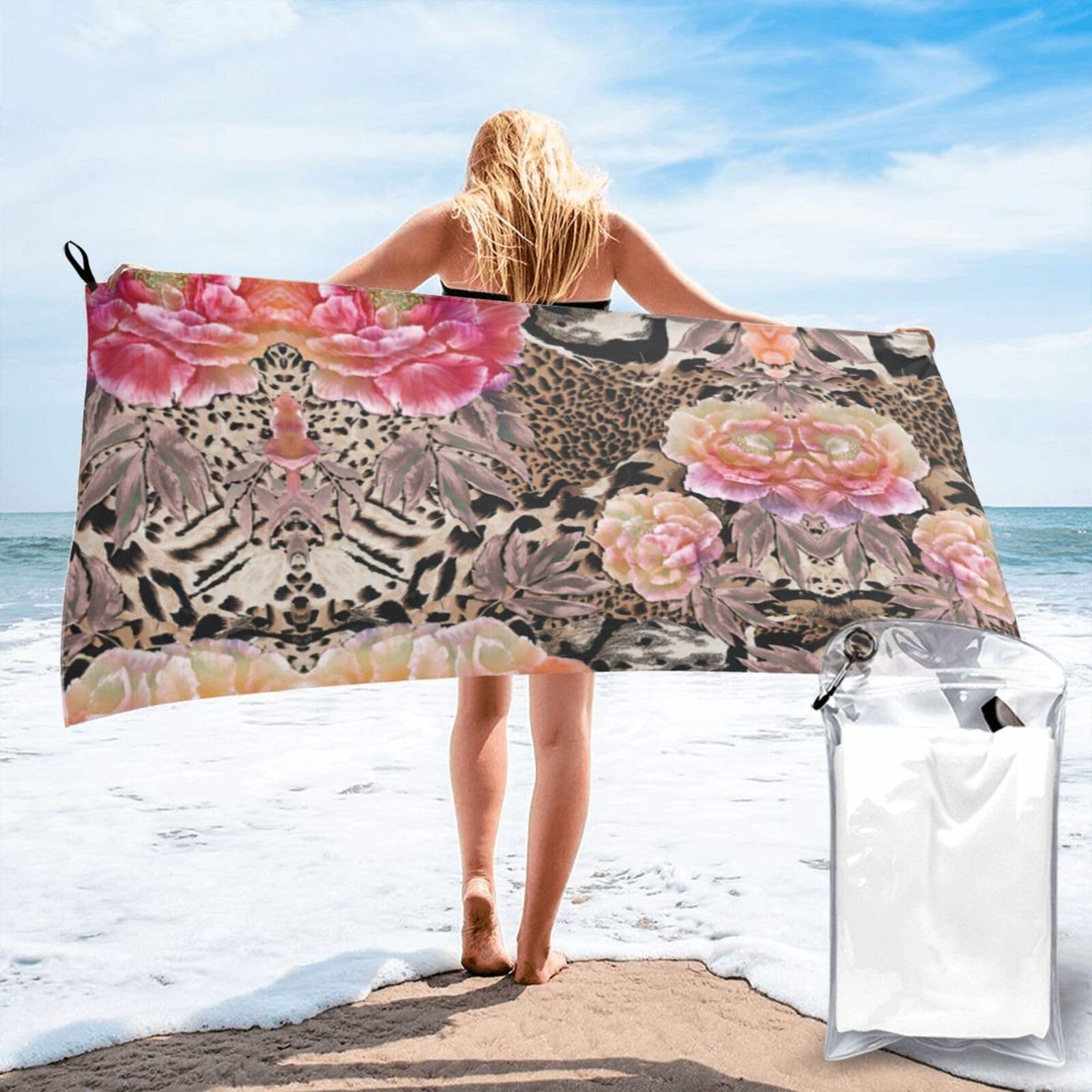 VCzsdff Pink Flower Leopard Print Quick Dry Towel Compact Beach Shower Wrap For Camping Fitness