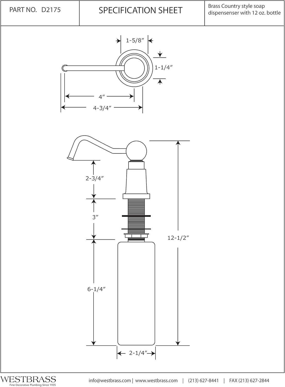 Westbrass D2175-12V Country Modern Farmhouse Style Kitchen Sink Deck Mounted Liquid Soap/Hand Sanitizer Dispenser with Refillable 12 oz Bottle, Victorian Bronze