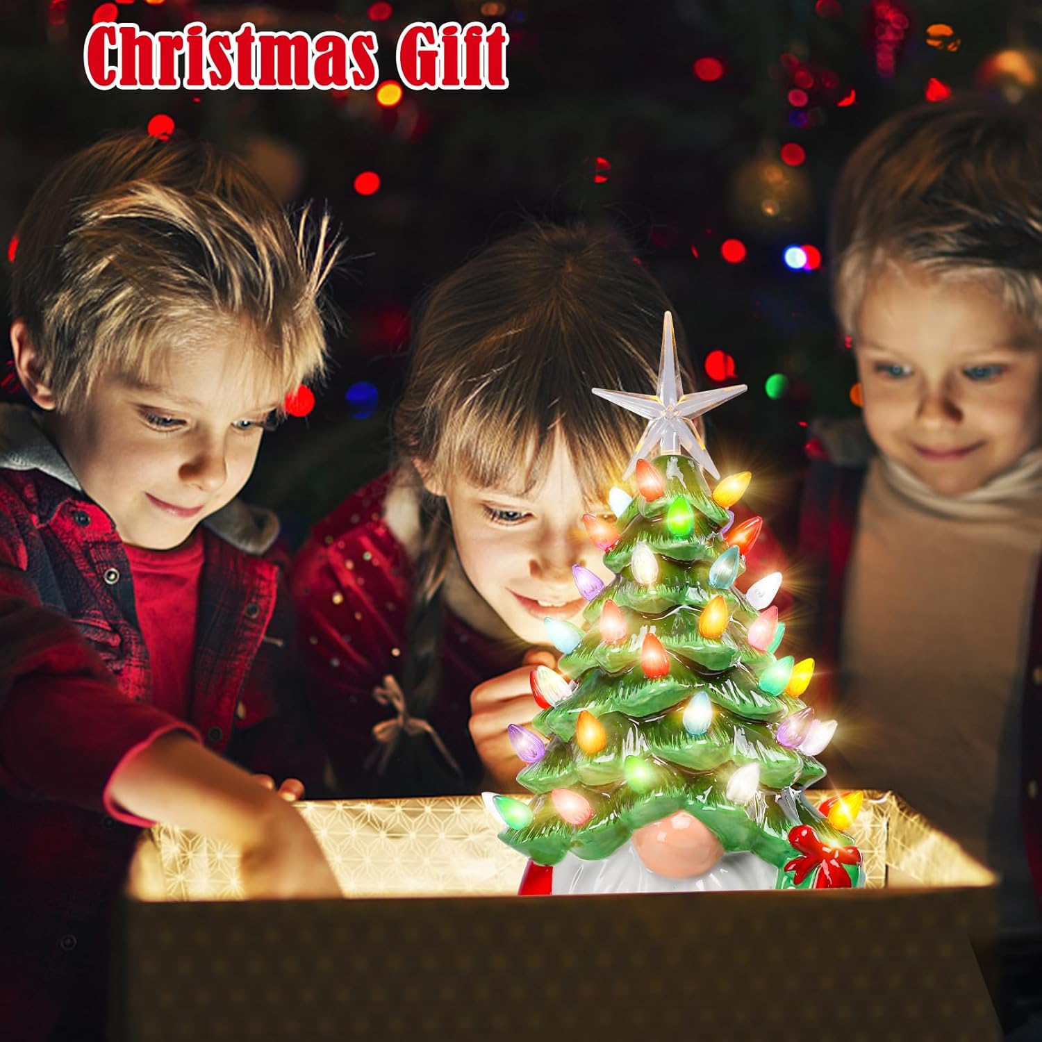 Vipush Ceramic Christmas Tree 11.2" Gnomes Vintage Ceramic Tree with Star and Multi-Color LED Lights for Xmas Indoor Desk Centerpiece Decor, Green - Image 6