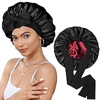 Vista 11 de Gorro de satén para dormir de doble capa con banda elástica para cabello rizado, gorro nocturno (pasta de frijol + rosa)