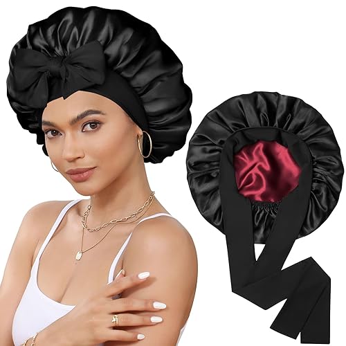 Gorro de satén de seda para dormir, gorro de seda de doble capa con banda elástica para cabello rizado