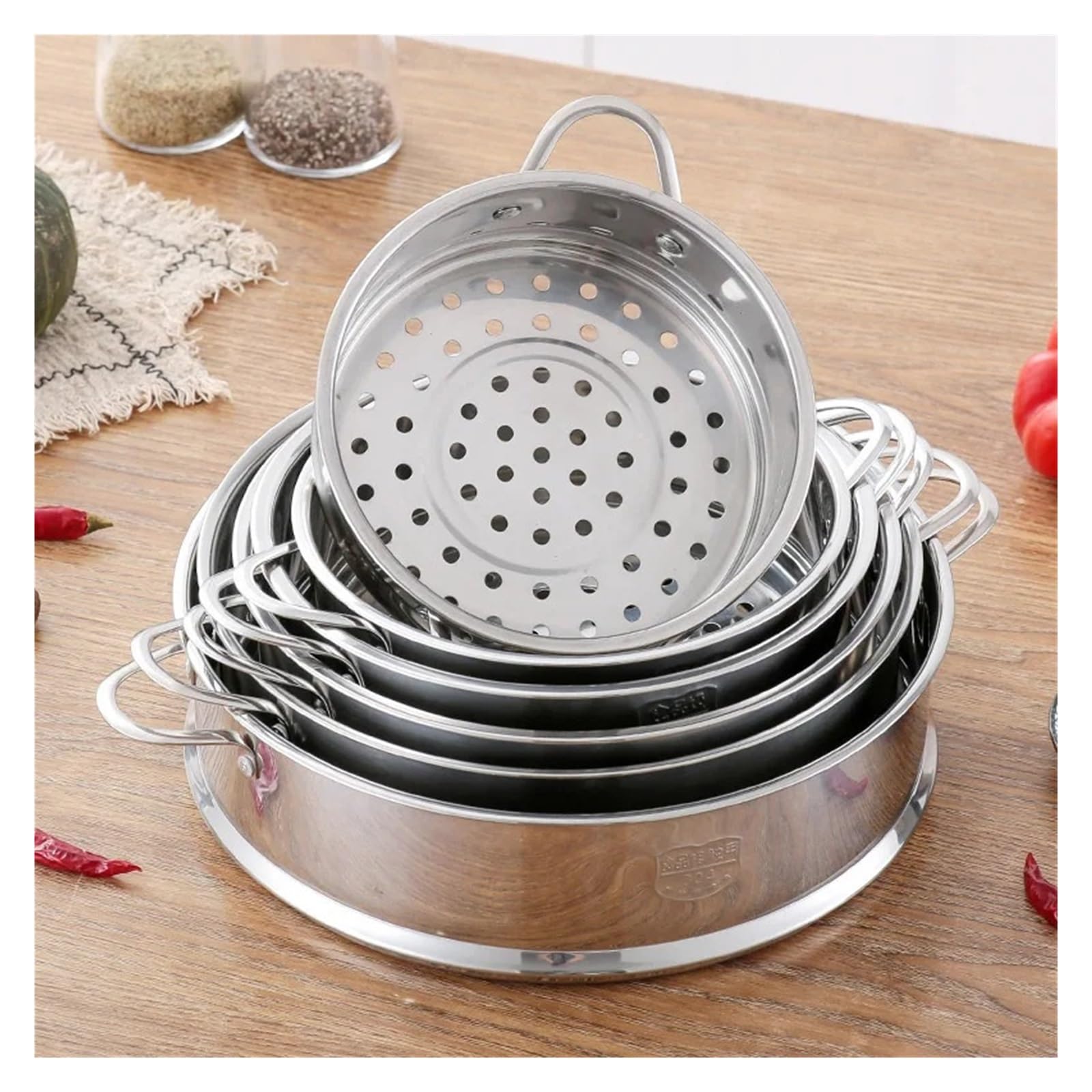 Vaporiera in acciaio inossidabile 304 for gnocchi con doppia griglia for la cottura a vapore, cestello di scolo for pentola for riso, utensili da cucina per pasti quotidiani in famiglia Zuppe(24cm)