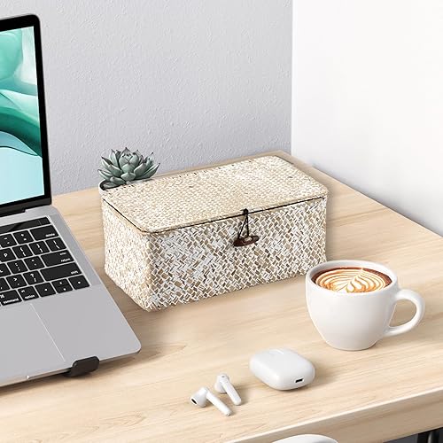 Vista 13 de Hipiwe Cestas de mimbre con tapa, cesta de pastos marinos tejida a mano, cestas rectangulares para el hogar, cajas para estantes, armario, Café