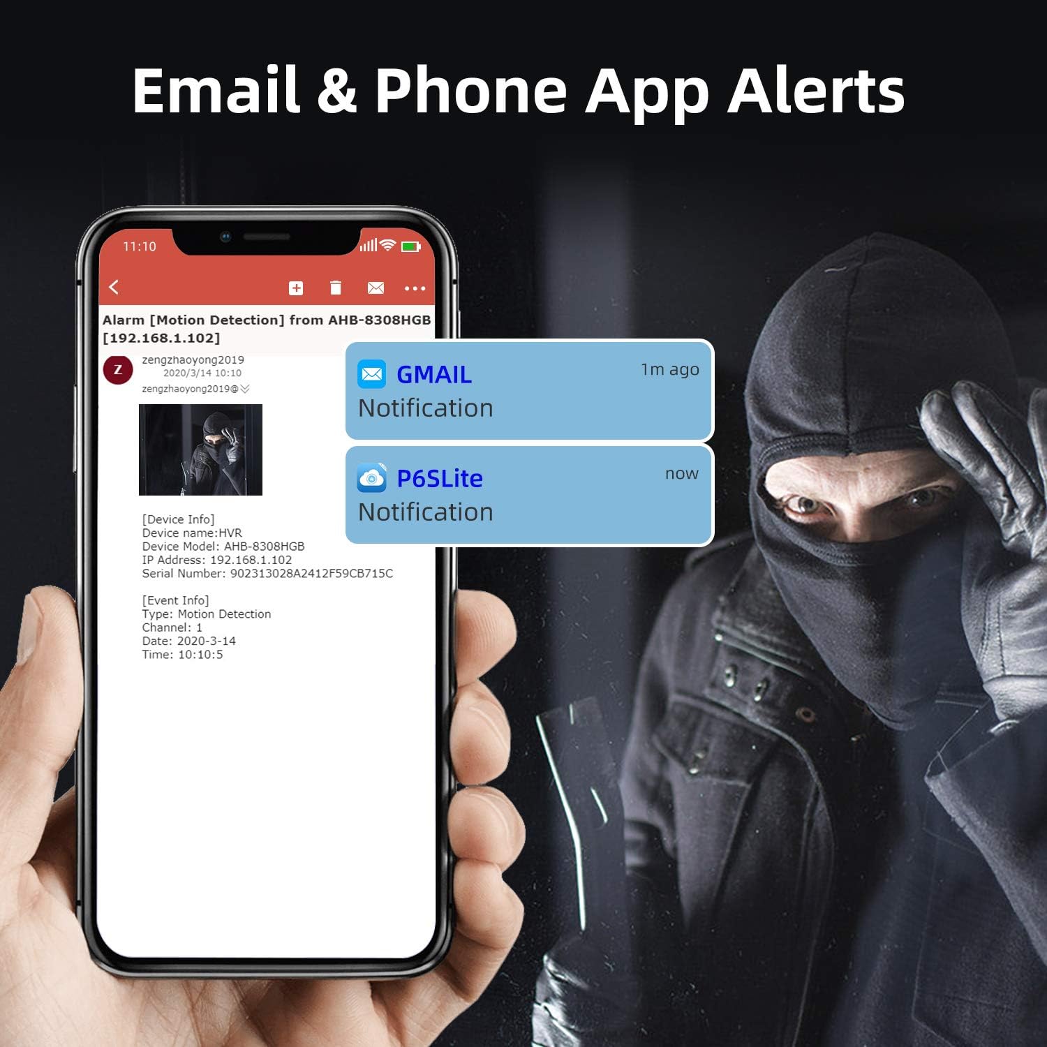 Screenshot of email and phone app alerts for motion detection