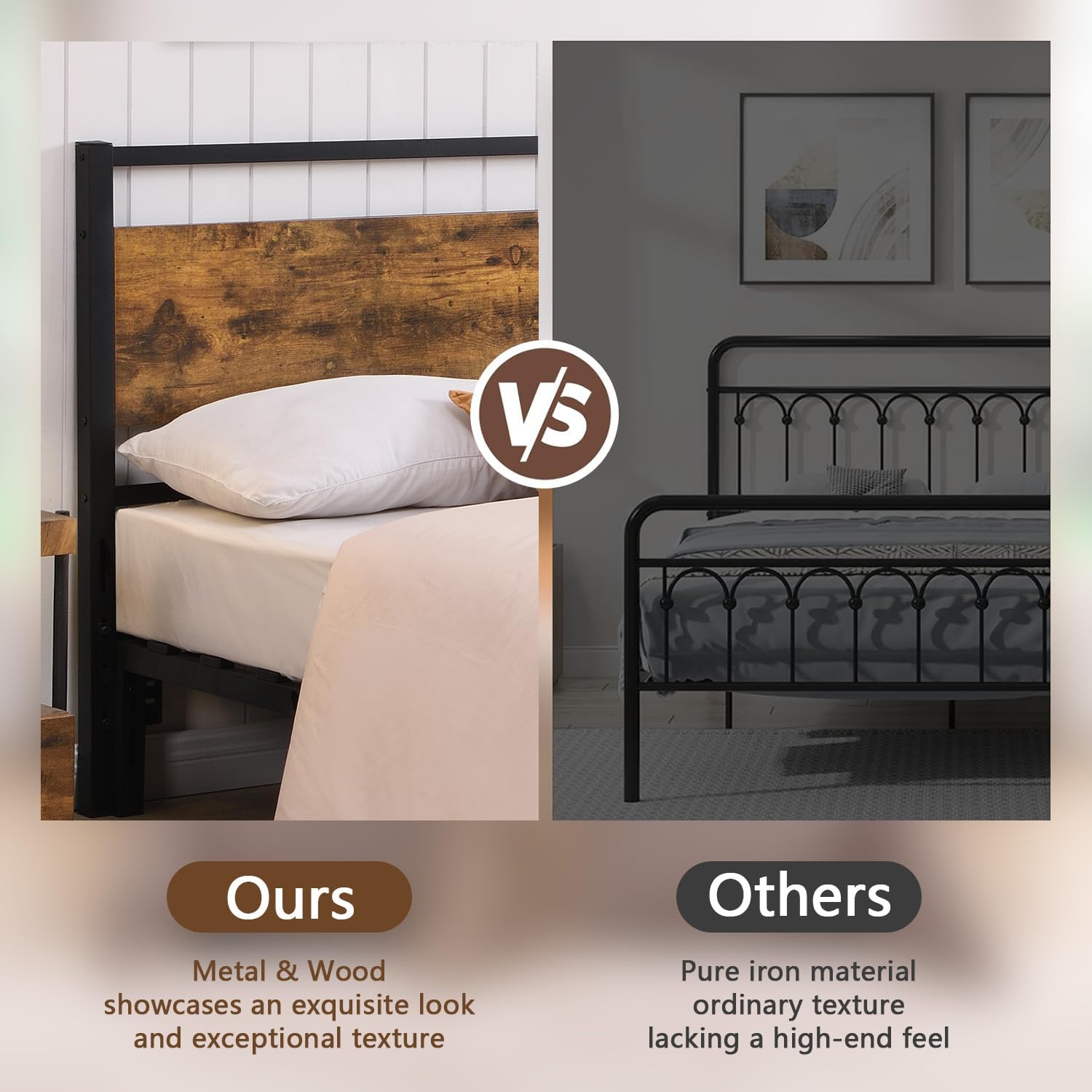 Wood Headboard Full Size Bed, Easy Assembly Headboard with Rustic Solid Wood Board,Only with Metal Slats Sturdy, Farmhouse Headboards for Adjustable Bed, Rustic Brown (Full)