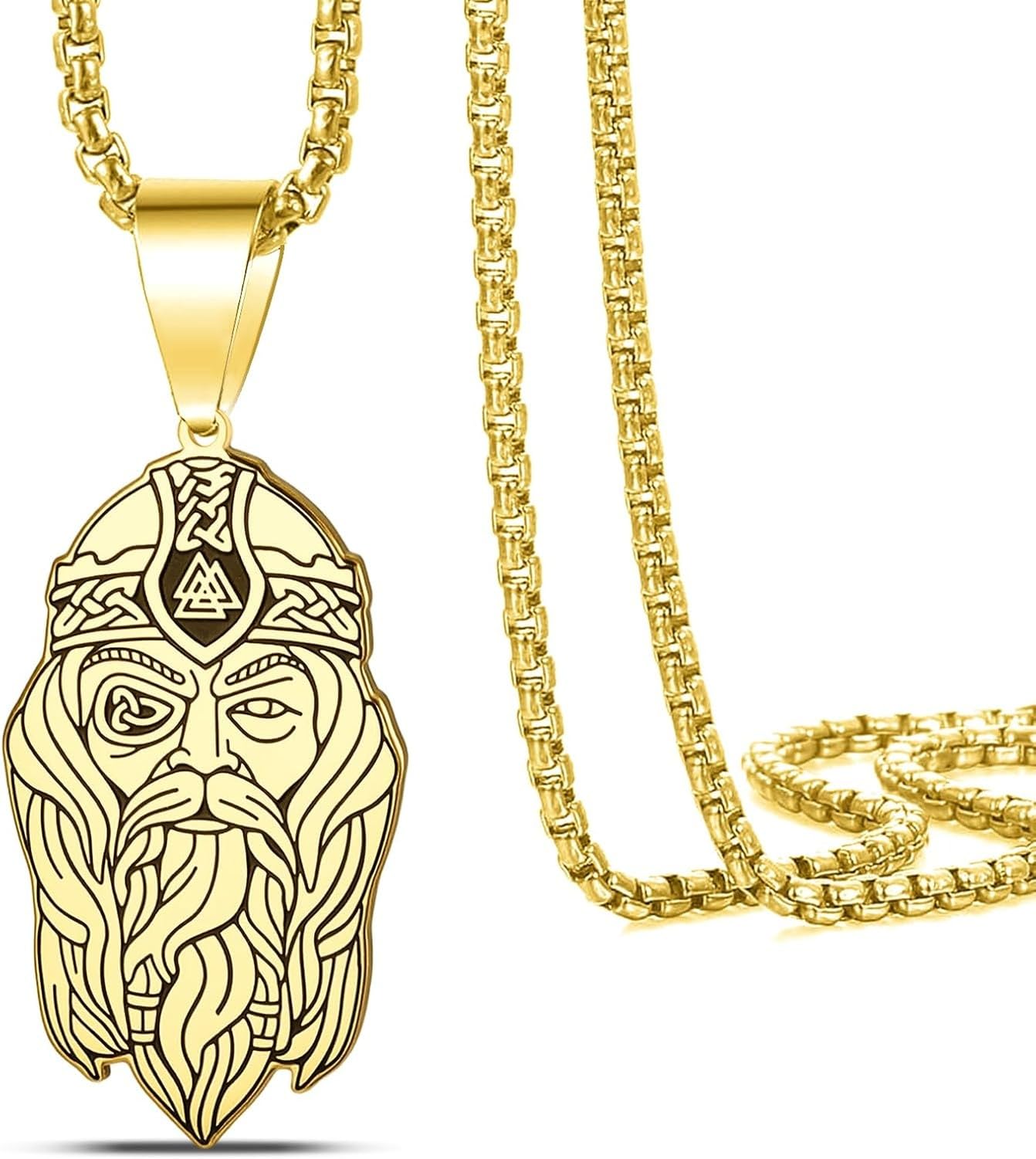 Wuufake Mens Womens Norse Odin Necklace Stainless Steel God Odin Head Pendant with Valknut & Celtic Knot Nordic Viking Mythology Good Luck Amulet Jewelry Gift, Gold 1