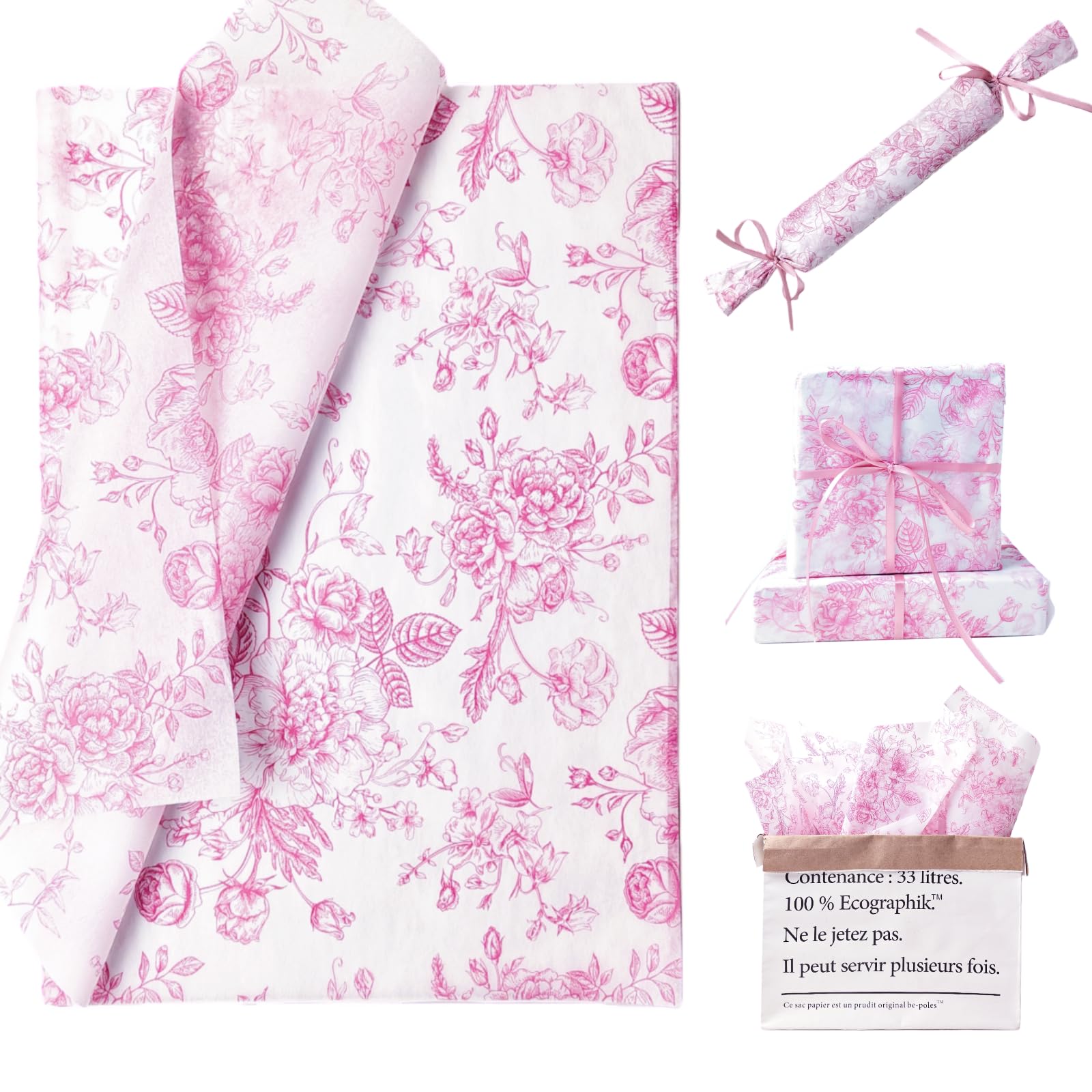 120 Sheets Pink Floral Tissue Paper Chinoiserie Gift Wrapping Paper Vintage Pink White Flowers Packaging Patterned Bulk for Baby Shower Wedding