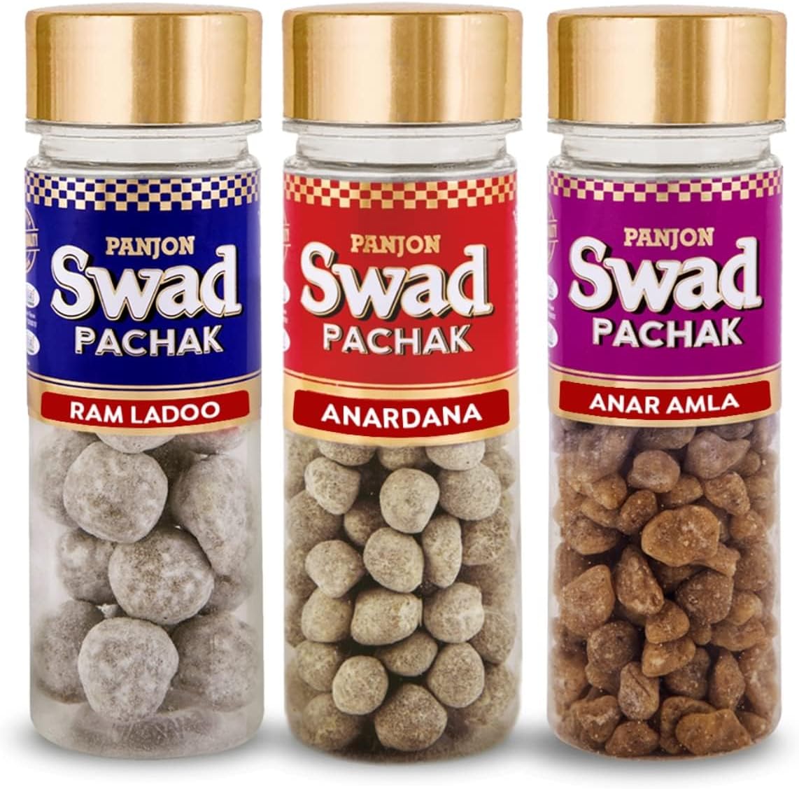 Panjon Swad Imli Ram Ladoo, Hing Peda & Anar Amla (100% Natural Candy Mouth Freshner) 3 Bottles, 370g
