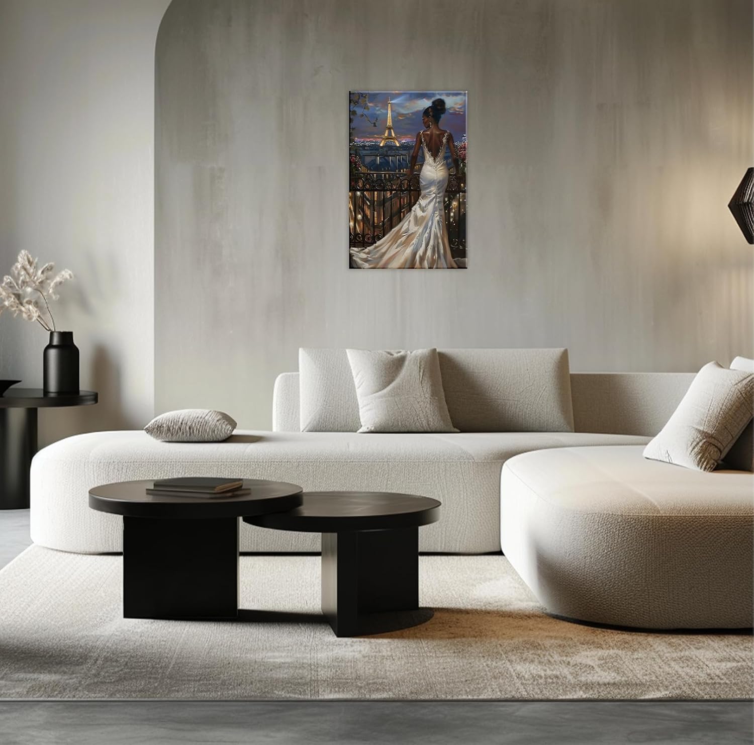 GLOKAKA African American Black Woman Wall Art Eiffel Tower Wall Decor Elegant Black Girl Wearing White Dress Painting Modern Home Decoration(Artwork-1,12"x18")