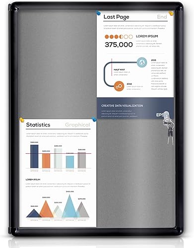 Tablero de anuncios cerrado con cerradura y puerta de bloqueo para interiores, fieltro gris, marco de aluminio negro, 26 x 20 pulgadas