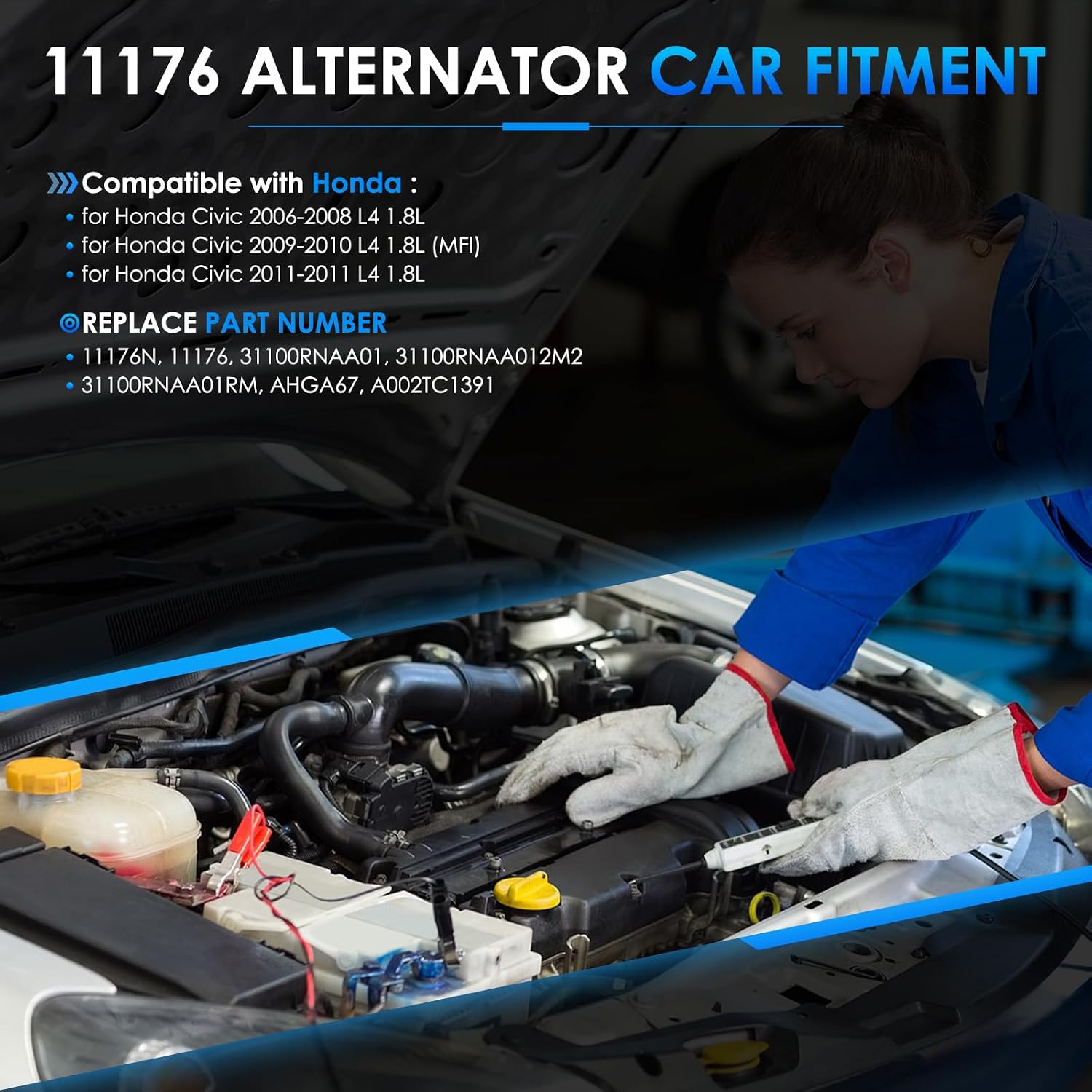 11176 Car Alternators Fit for Honda Civic Alternator 2006 2007 2008 2009 2010 2011 L4 1.8L Automotive Replacement Alternators 31100RNAA01, 31100RNAA012M2, A2TC1391, 400-48050