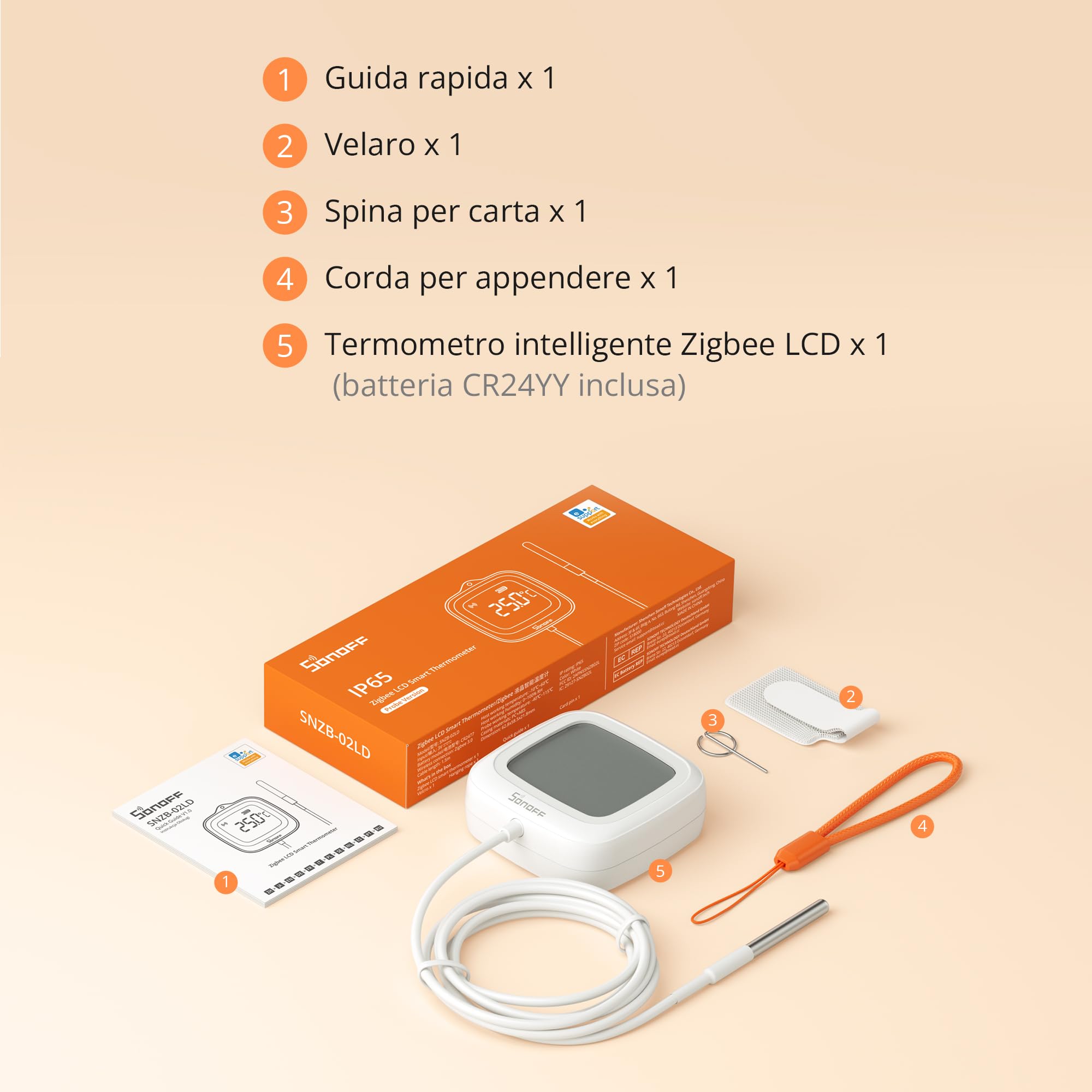 SONOFF SNZB-02LD Sensore di Temperatura Impermeabile Zigbee - Sonda in Acciaio Inossidabile 1,5 m, Display LCD, Intervallo -40~115°C, Monitoraggio APP, Supporto Magnetico, Compatibile con Hub Zigbee