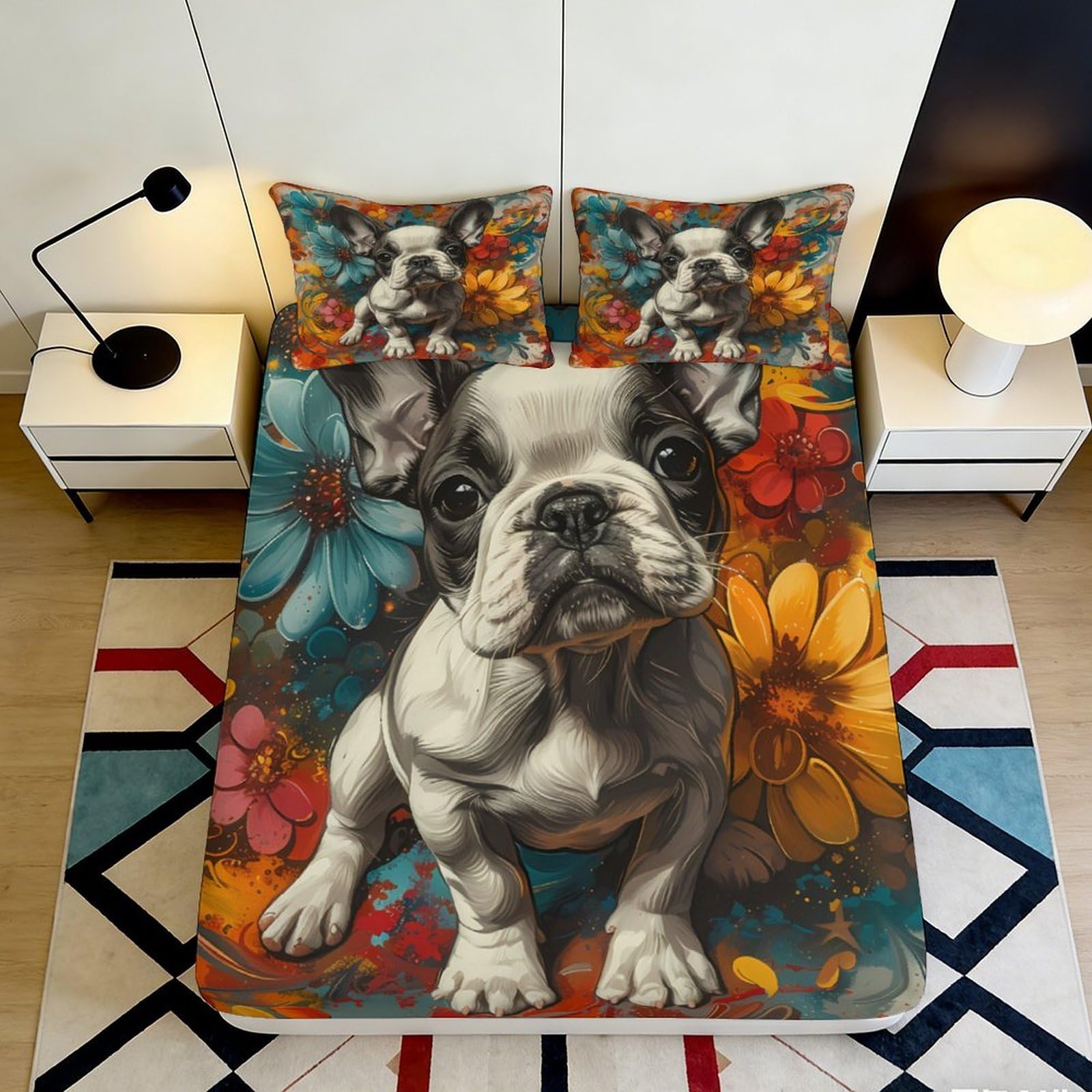 Pnayamiorkfel Style-2 3D Printed French Bulldog Floral Fitted Sheet Microfiber Non Slip Bed Cover Colourful Flowers For Bedroom Guest Room 90X200x25cm