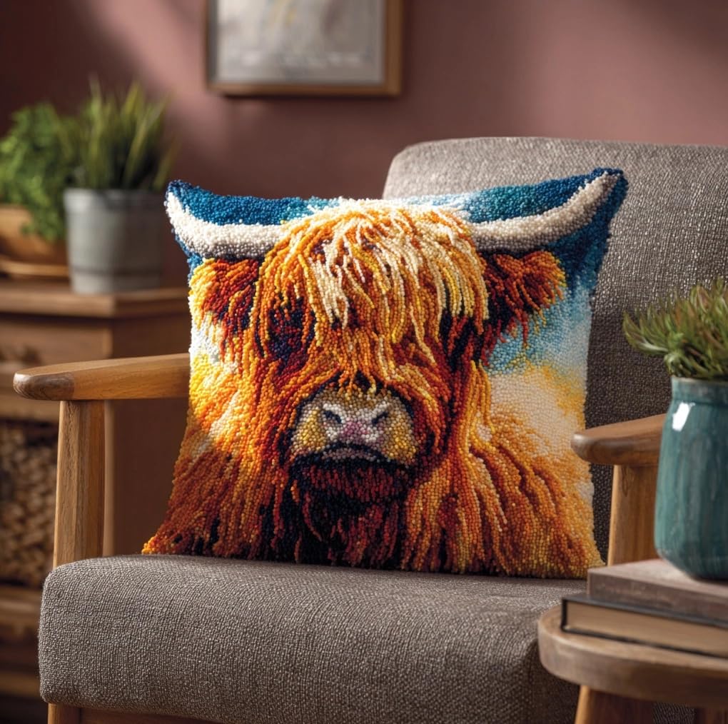 Taxpy Latch Hook Cushion Kits for Adults Highland Cattle 43Cmx43Cm DIY Hooks Knitted Embroidered Carpet Pillow Needlework Pillow Cover Embroidery Latch Hook Carpet Kit