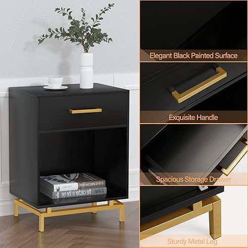 Miniatura 4 de Anmytek Juego de 2 mesitas de noche de madera, 25 pulgadas de alto, de mediados de siglo, moderna mesita de noche negra con cajón y estante, mesita