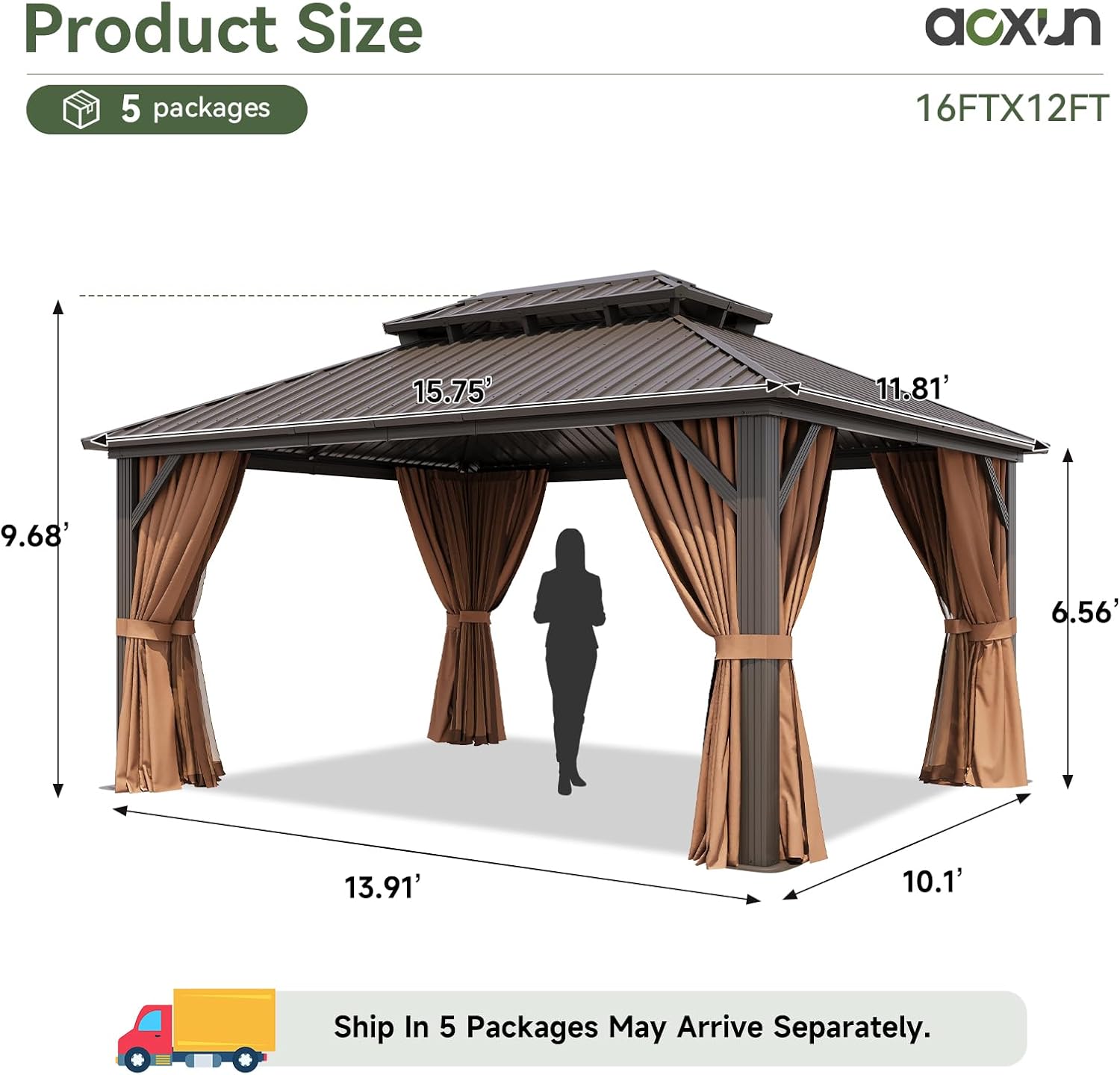 Aoxun 12’x16’ Hardtop Gazebo, Permanent Metal Pavilion with Galvanized Steel Double Roof, Outdoor Pergola with Nettings and Curtains for Lawn, Garden, Patio (Brown)