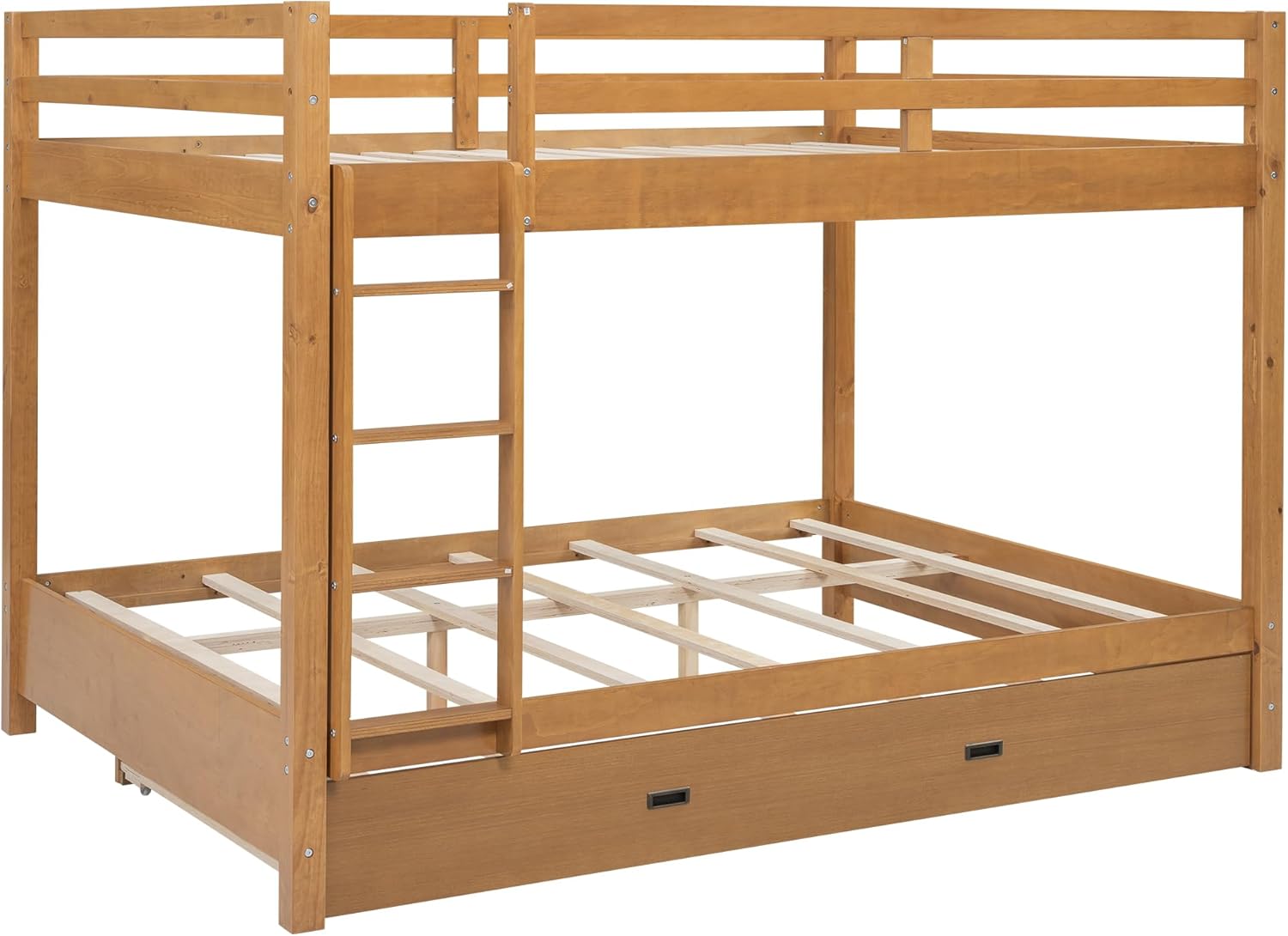 Modern Queen Over Queen Bunk Bed with Twin XL Size Trundle, Solid Wood Bunk Bed Frame with Ladder and Guardrail for Kids Teens Adult, Space-Saving (Wood-6.11)