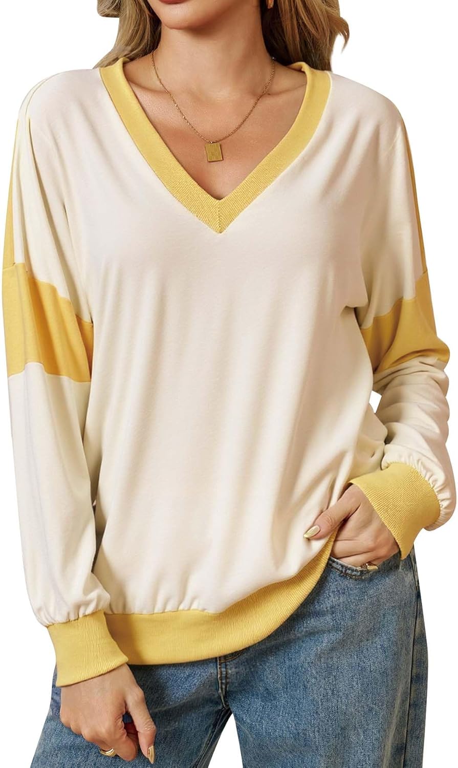Womens Color Block Oversized Sweatshirt V Neck Long Sleeve Shirts Casual Loose Pullover Tops