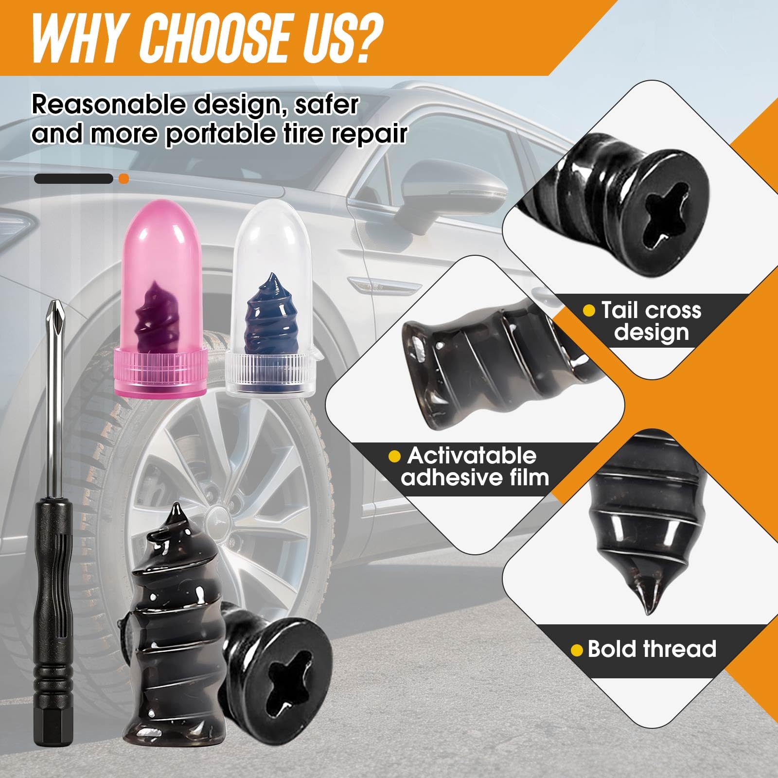 Kit di 61 chiodi in gomma per riparazione pneumatici, tappi in gomma a vite con cacciavite per riparazione di forature di pneumatici tubeless, strumento di emergenza per riparazione di pneumatici