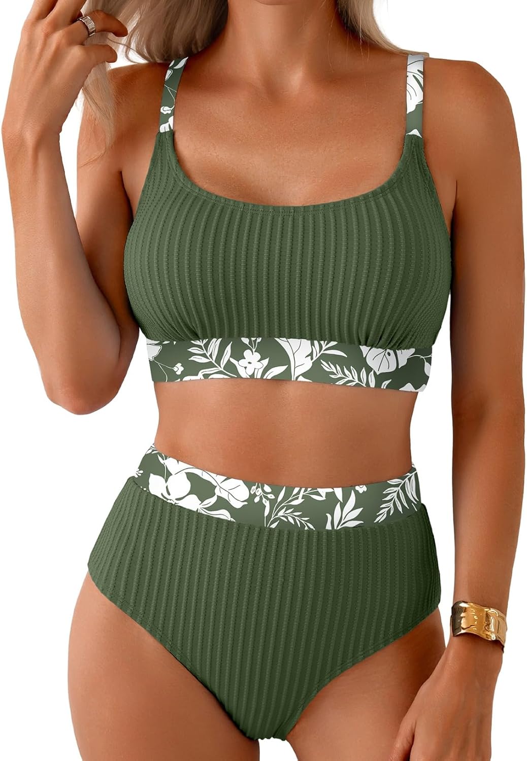 Herseas Women's Textured Bikini Sets Floral Print Trim Scoop Neck Swimsuits High Waisted Bathing Suits