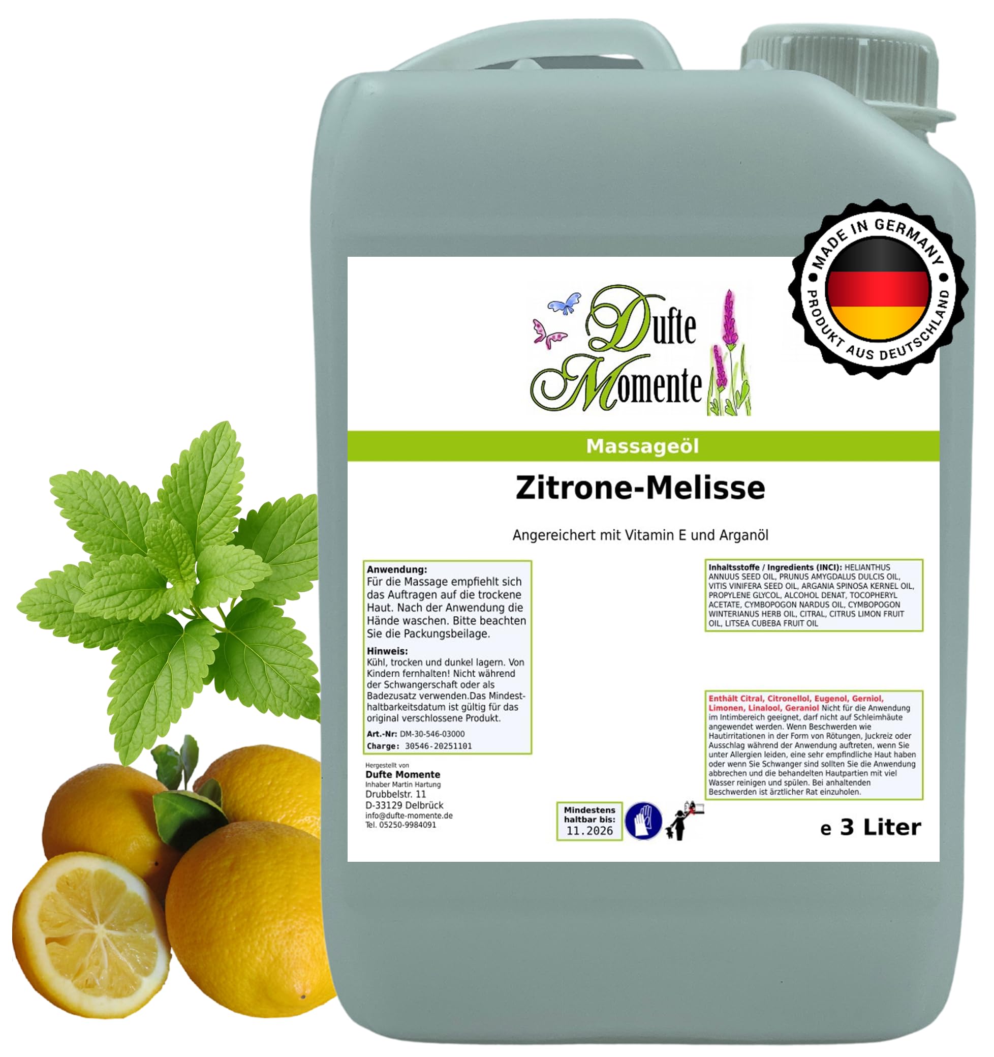 Dufte Momente Massageöl Zitrone-Melisse – 3 Liter – Pflanzenölbasis mit ätherischen Ölen – frisch & harmonisch – für Massage & Wellness – vegan & Made in Germany