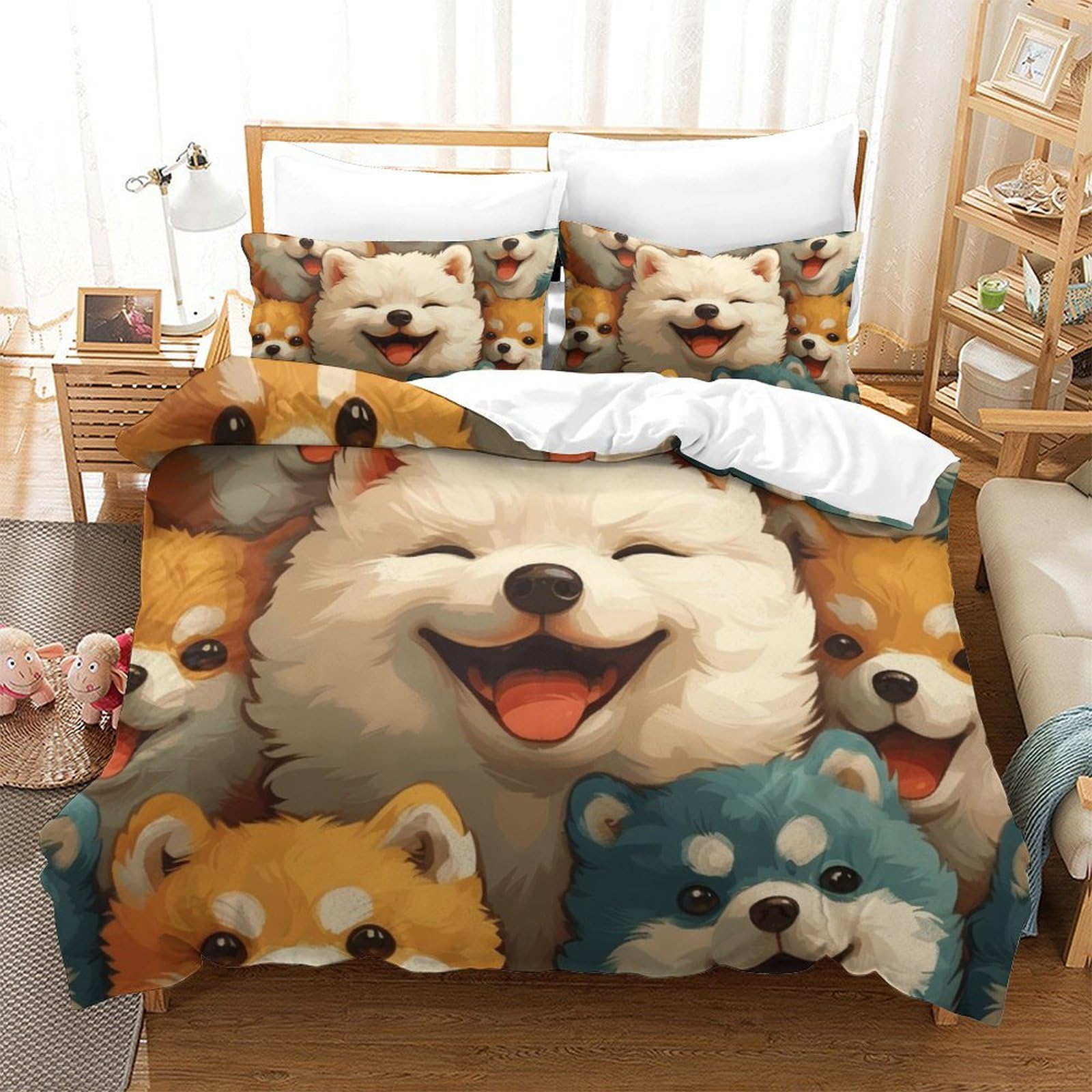 Parure de lit chien poméranien 3D et housse de couette super king 260x220