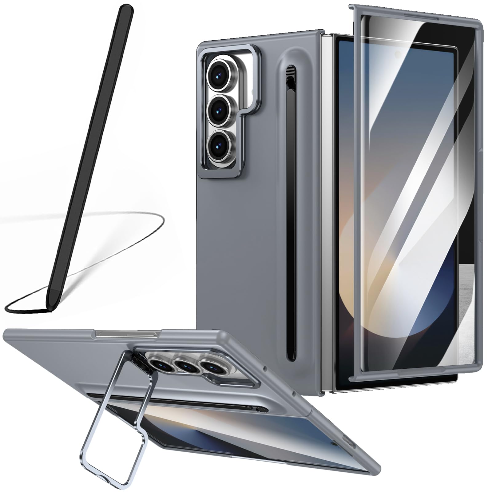 Custodia per Galaxy Z Fold 7 con penna, portapenne integrato, cover per Samsung Galaxy Z Fold7 con pellicola protettiva + Pen + supporto regolabile nascosto-Grigio