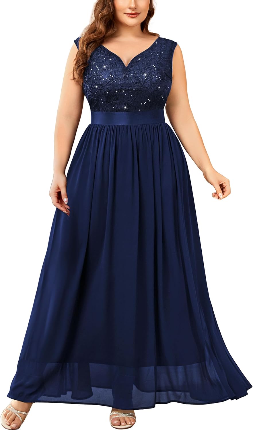 Miusol Women's Plus Size Elegant Lace Contrast Sequin V-Neck Floral Formal Evening Party Maxi Dress