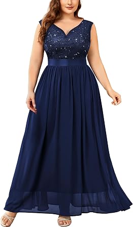 Miusol Womens Plus Size Elegant Lace Contrast Sequin V-Neck Floral Formal Evening Party Maxi Dress