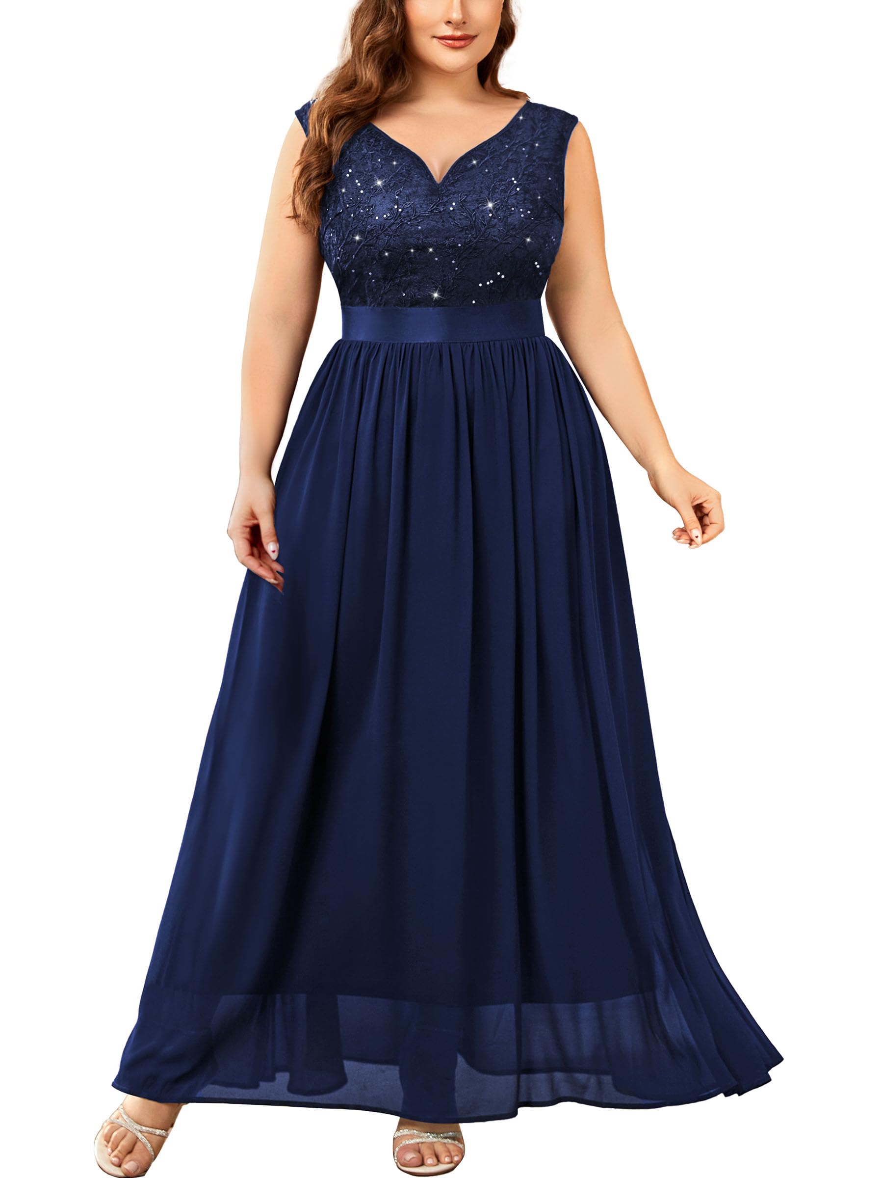 Miusol Women's Plus Size Elegant Lace Contrast Sequin V-Neck Floral Formal Evening Party Maxi Dress