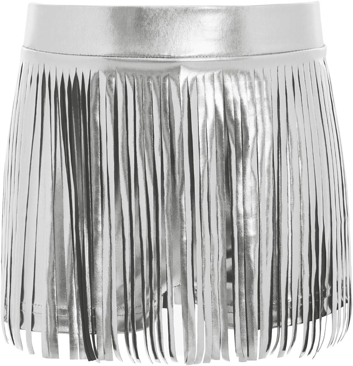 Girls 3 Piece Cowgirl Set Long Flare Sleeve Metallic Leotard with Fringe Shorts And Hairtie Outfit Silver 12 Years