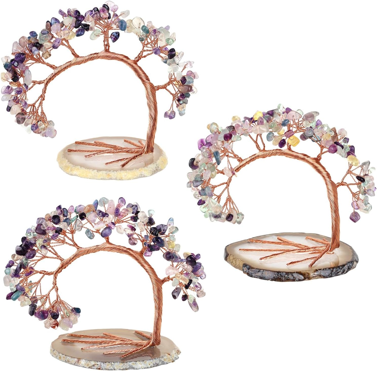 Handmade Fluorite Crystal Tree on Agate Slice Base, Feng Shui Stone Money Tree Bonsai for Home Office Decoration, 4.5"-5.2"