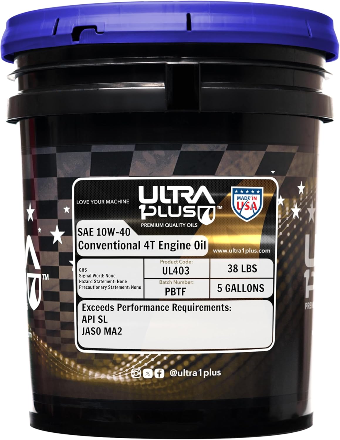 ULTRA 1PLUS 4T 10W-40 Conventional Motorcycle Oil API SL JASO MA2-10W40 Motor Oil, 5 Gallon Pail