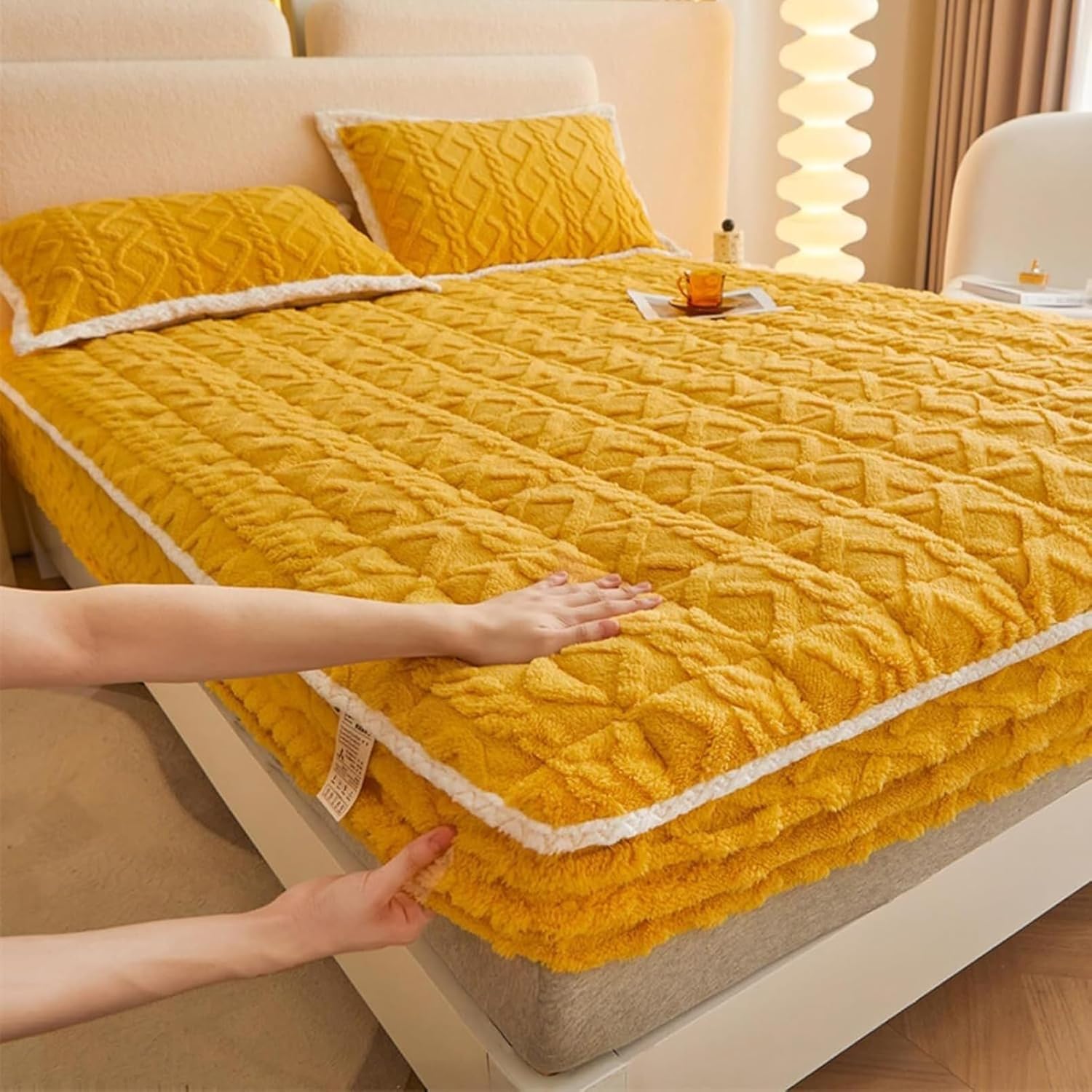 Velvet Fitted Sheet, Elastic Fitted Bed Sheets, Soft Flannel Elastic Bed Sheets, Winter Super Soft Warm Bedspread, Plush Cozy Comfy Warm All Season, Various Sizes(Yellow,48x74cm(2*Pillow Cover))